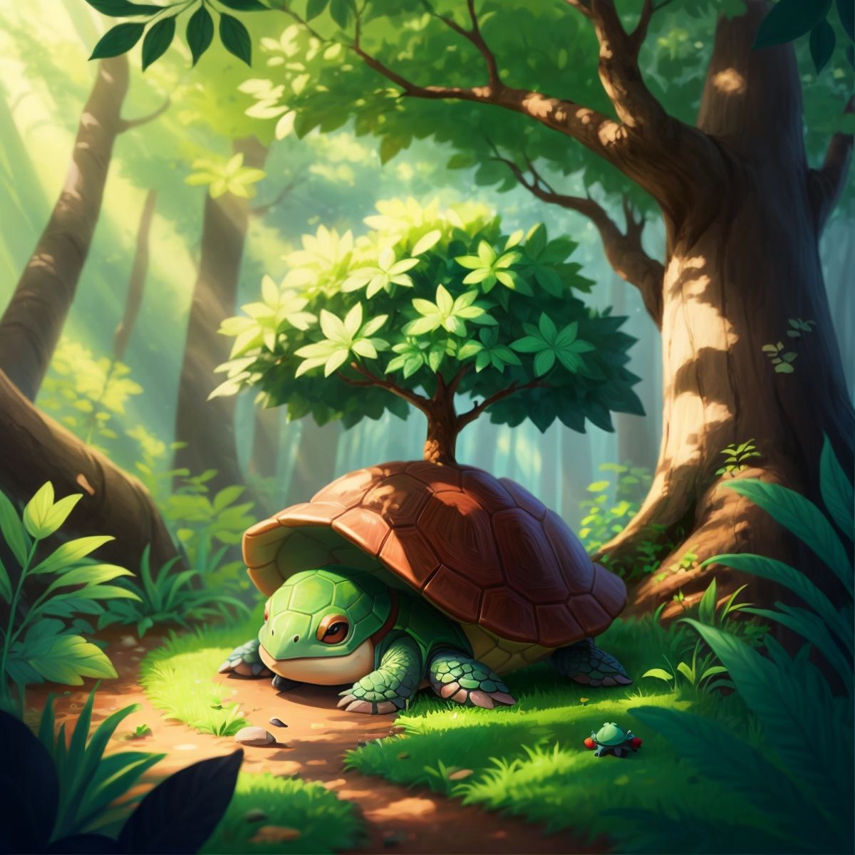 A small turtle sitting under a tree