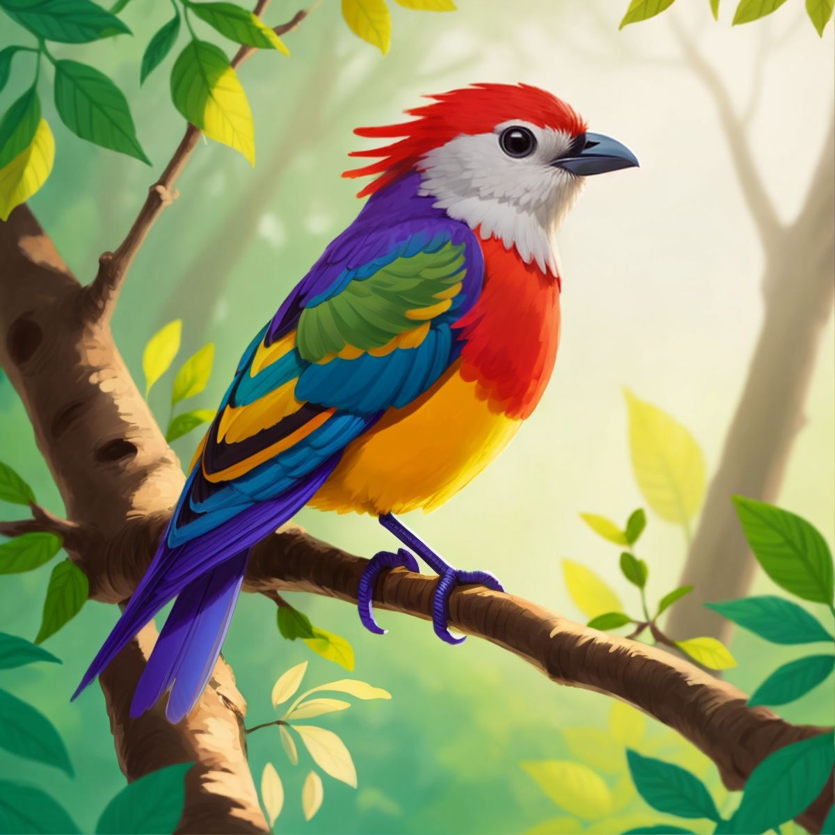 A vibrant, unusual bird sitting on a tree branch