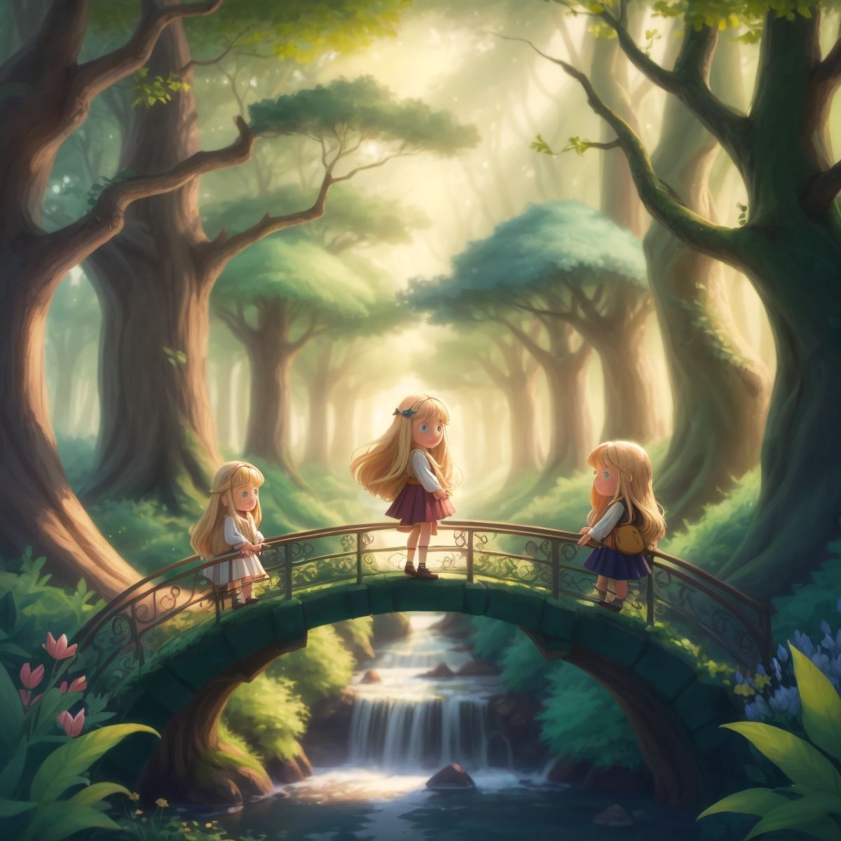 ياسمين and her friends facing moving trees and floating bridges in a magical dream forest