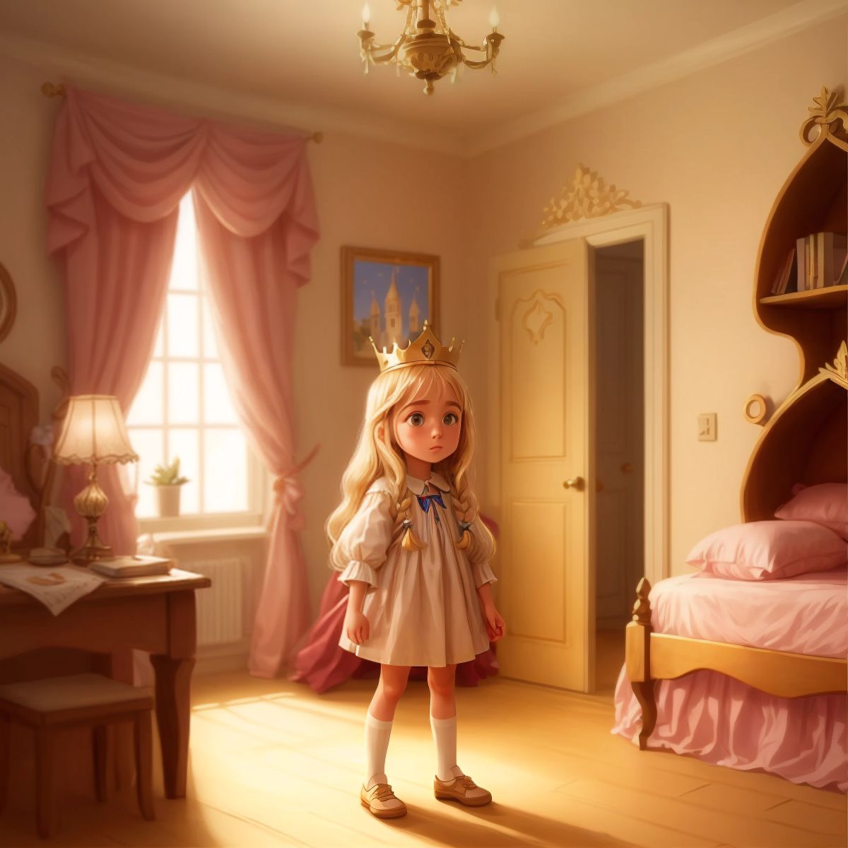 ياسمين looking shocked in her room with an empty stand where her magical crown used to be