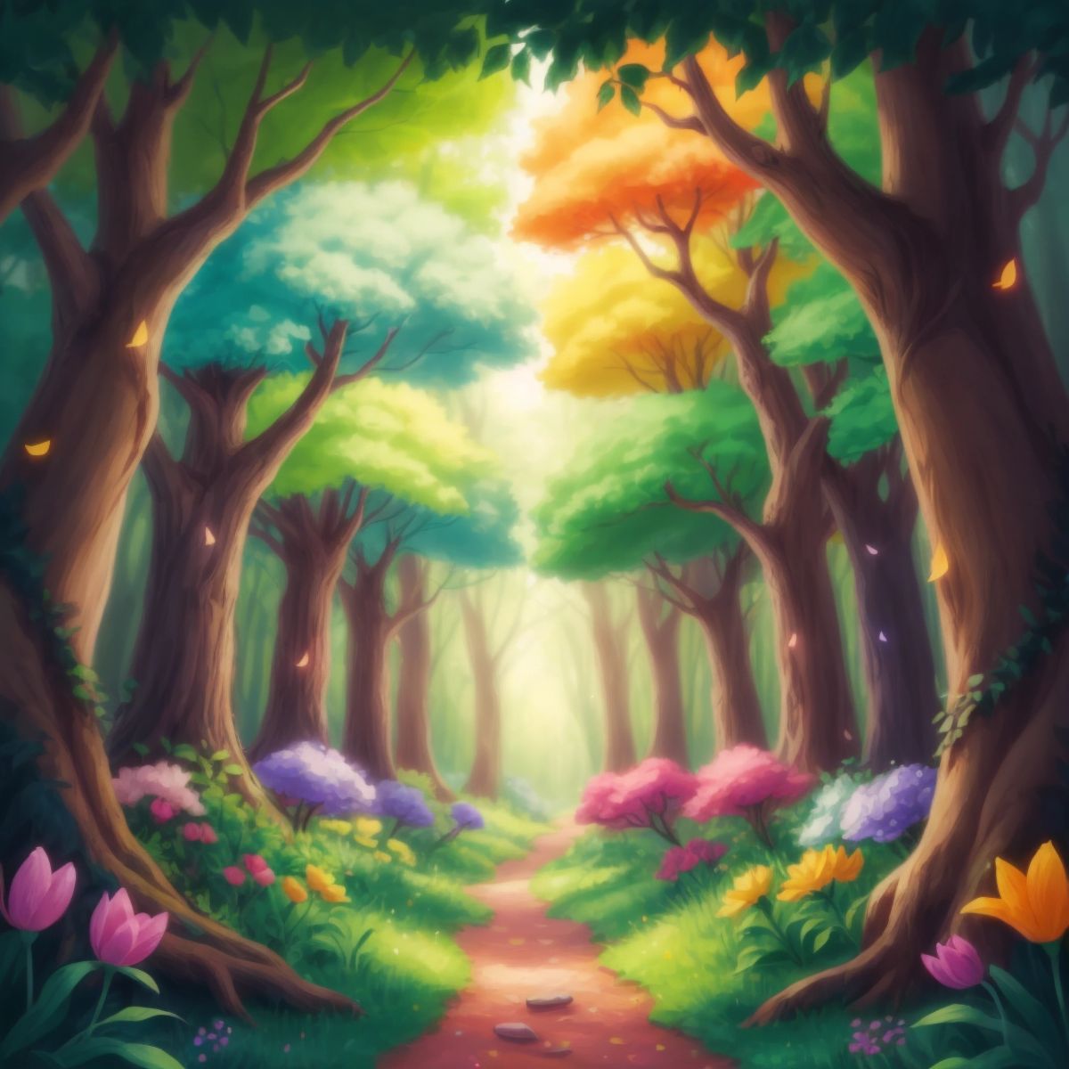 A beautiful magical forest with brightly colored, glowing trees and singing flowers