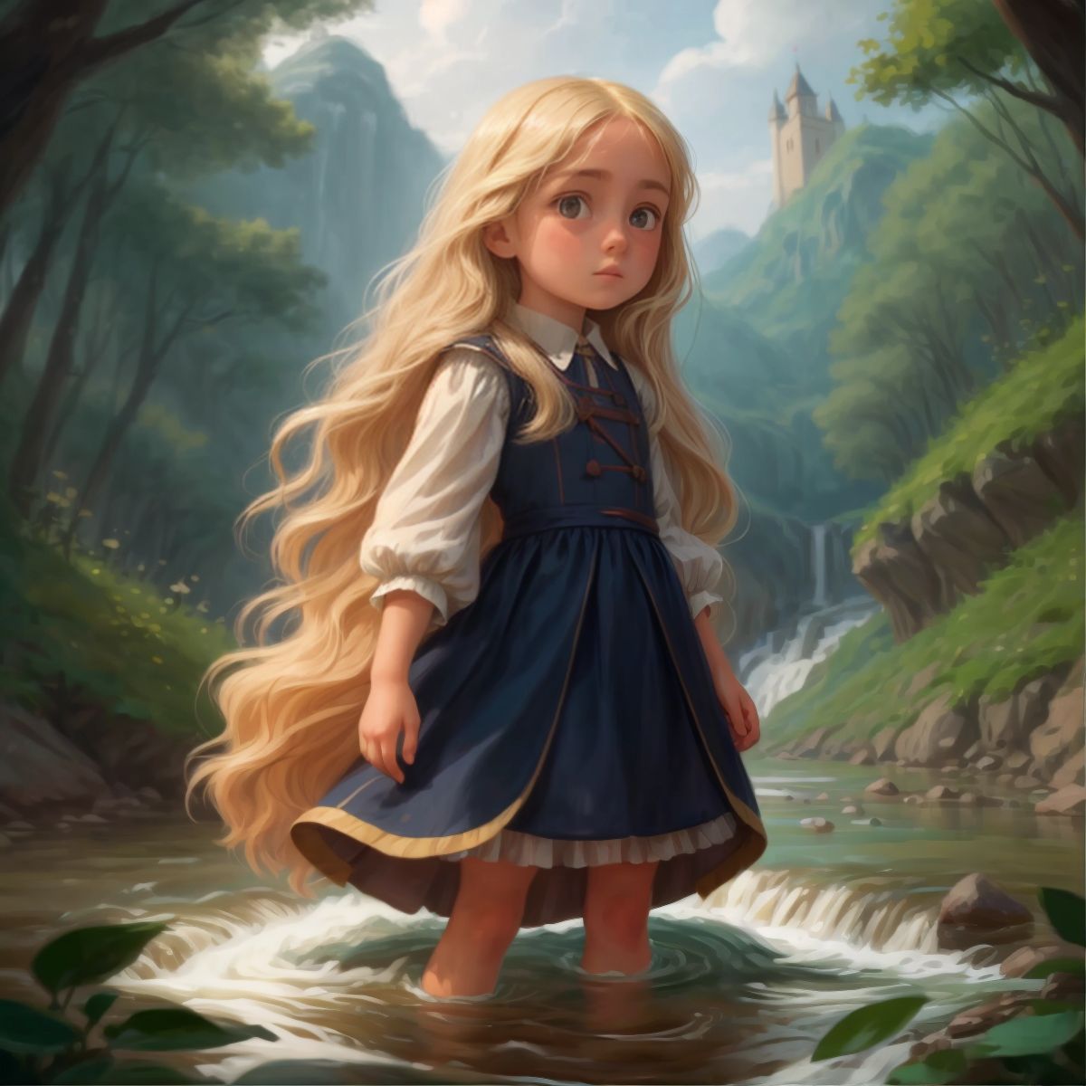 ياسمين crossing a deep river with a brave look on her face