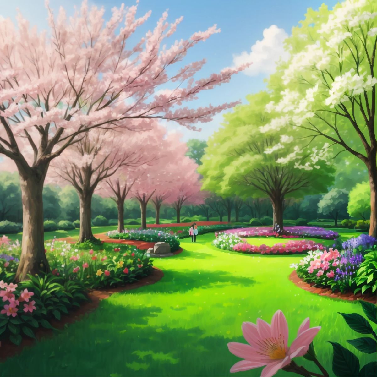 A beautiful green park with trees and flowers