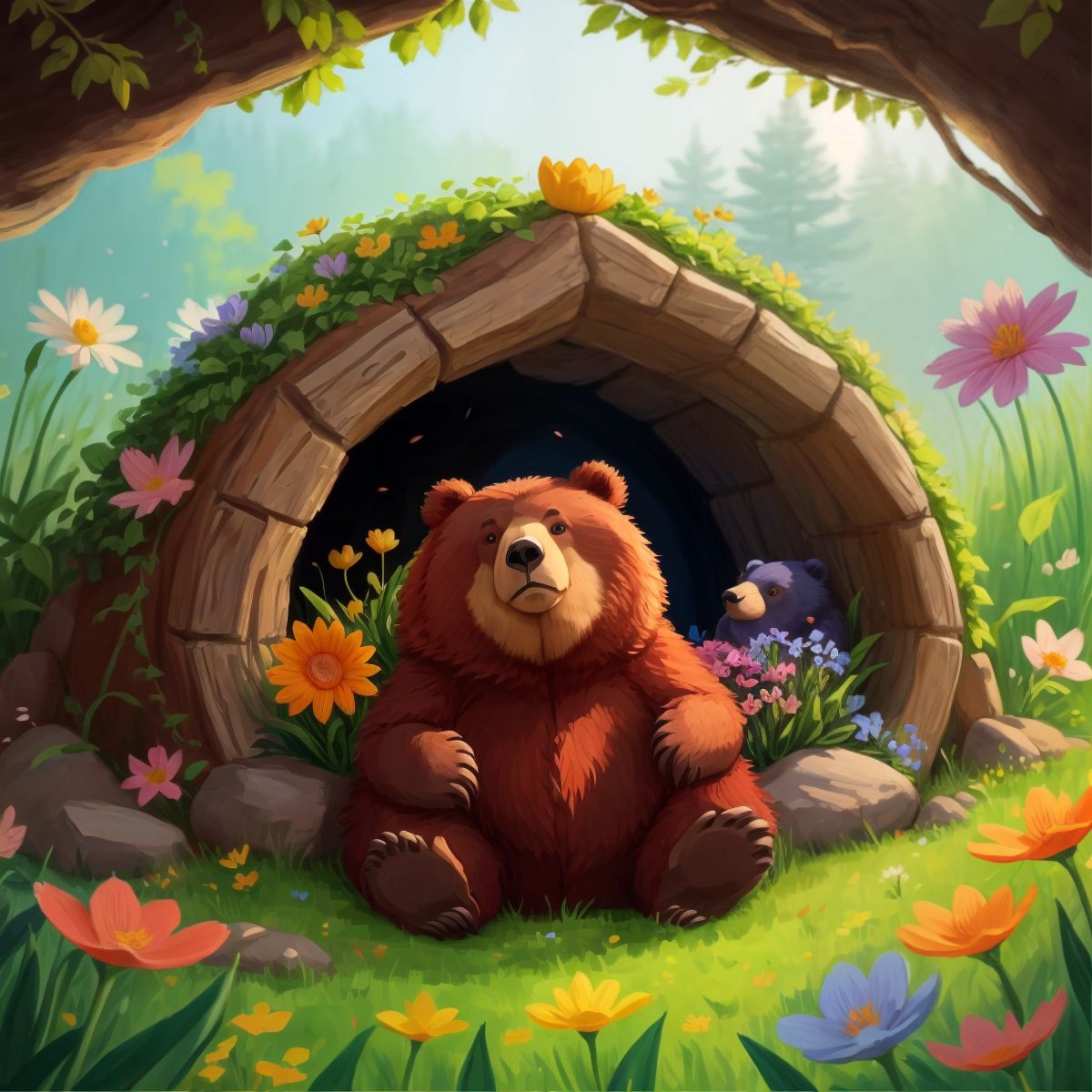 Dodo the bear waking up with spring flowers blooming around his cave