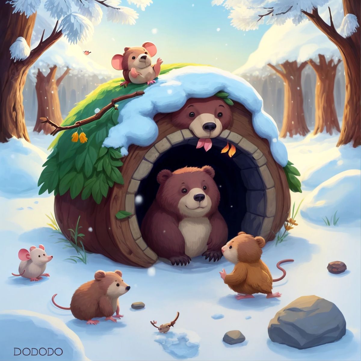 Dodo waking up from his winter sleep and seeing Fofo playing near his cave