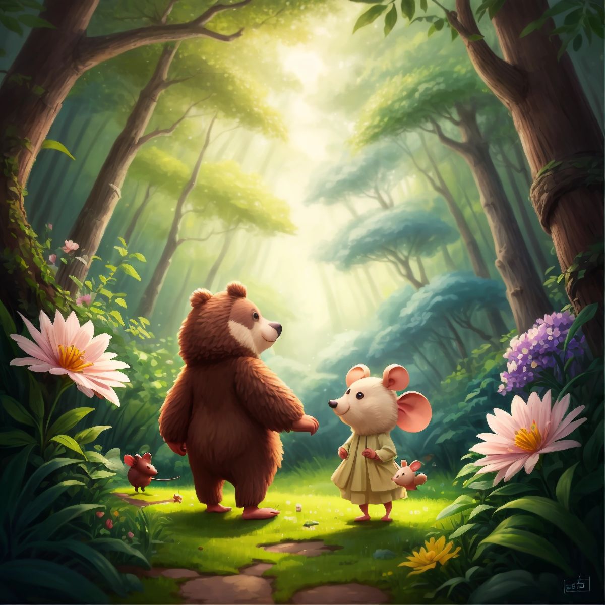 The new duo wandering the forest together, enjoying the beauty of the trees and flowers