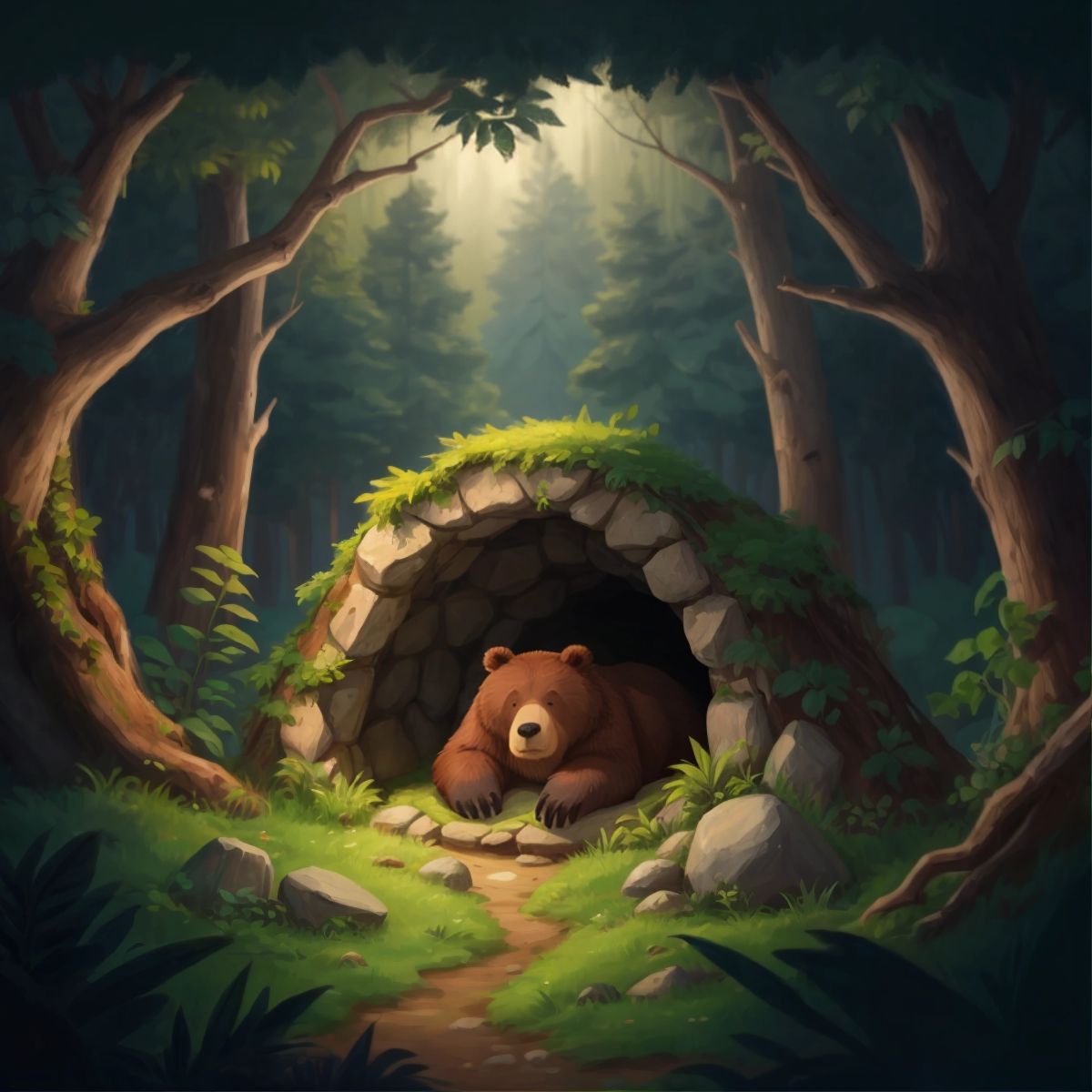 A bear named Dodo sleeping in his cave in a distant forest