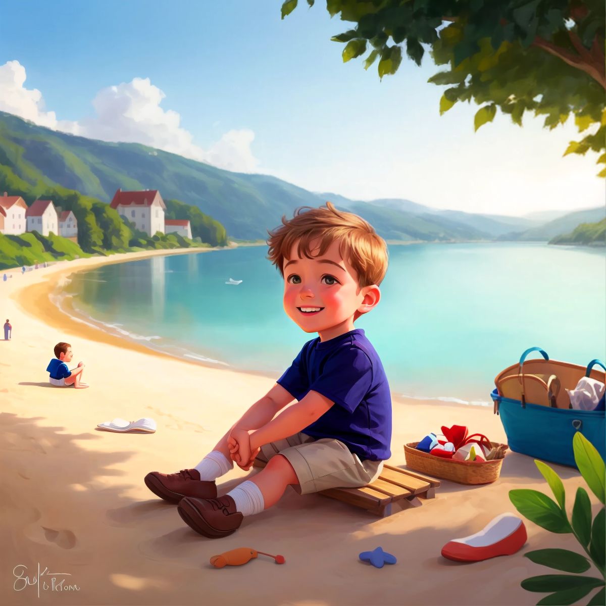 عزام sitting on the beach, looking at the lake with a smile on his face
