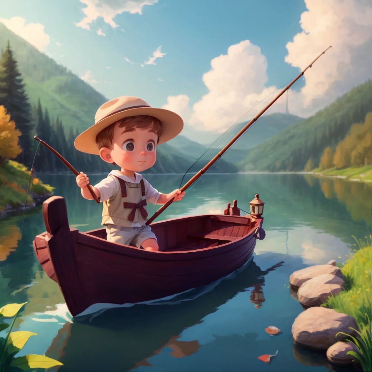 عزام in a wooden boat, fishing rod in hand, sailing into the lake