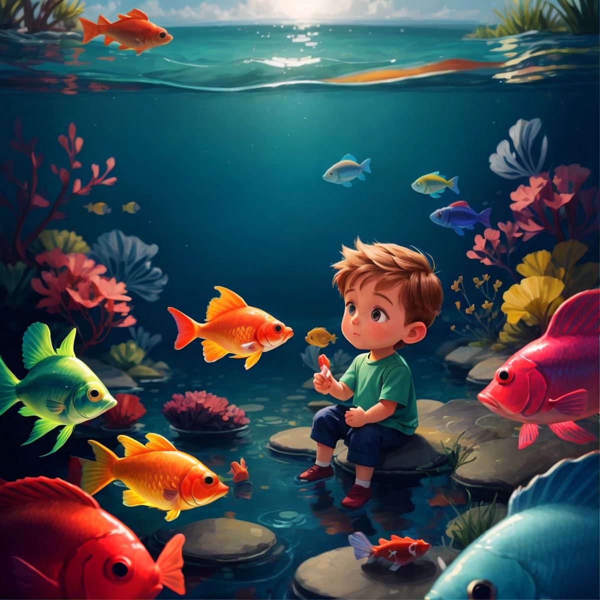 عزام looking at a large, colorful, glowing fish floating in the water