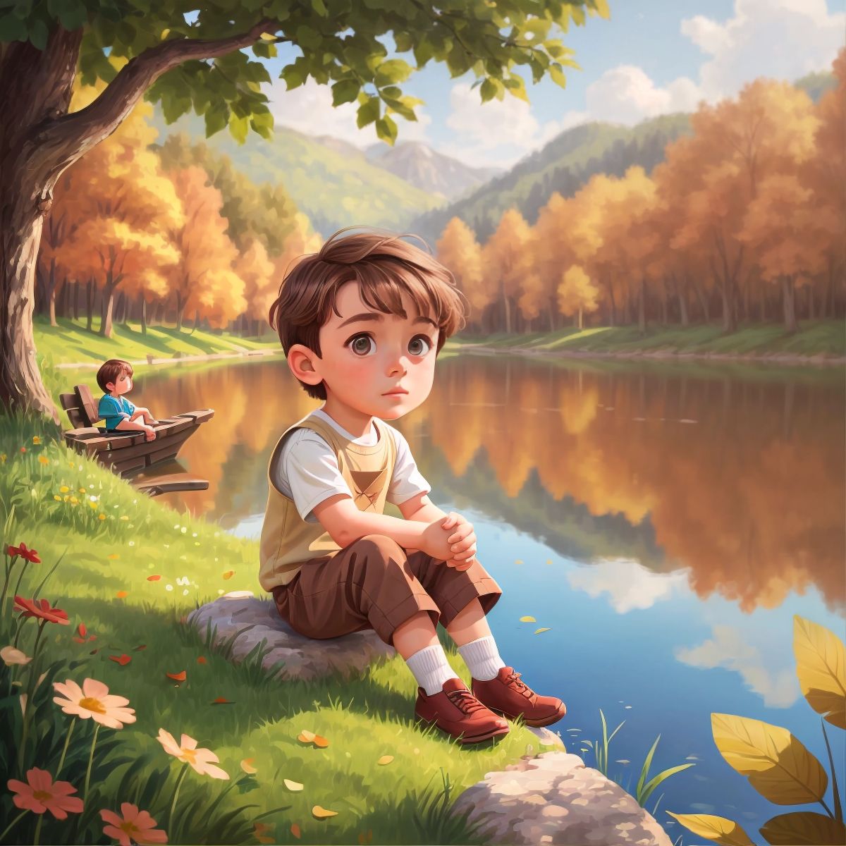 A boy named عزام sitting by a beautiful lake