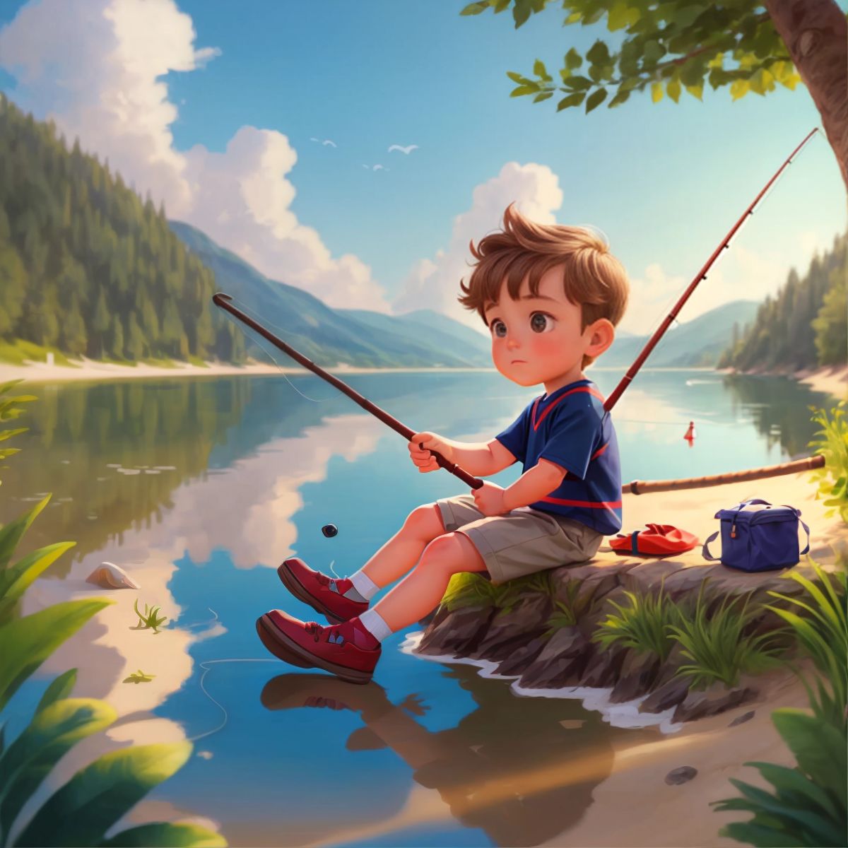 عزام holding a fishing rod, sitting on the beach, looking at the lake