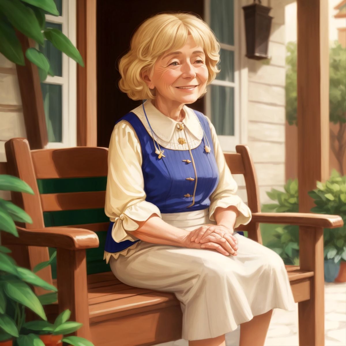 Amma sitting on a porch with a warm smile