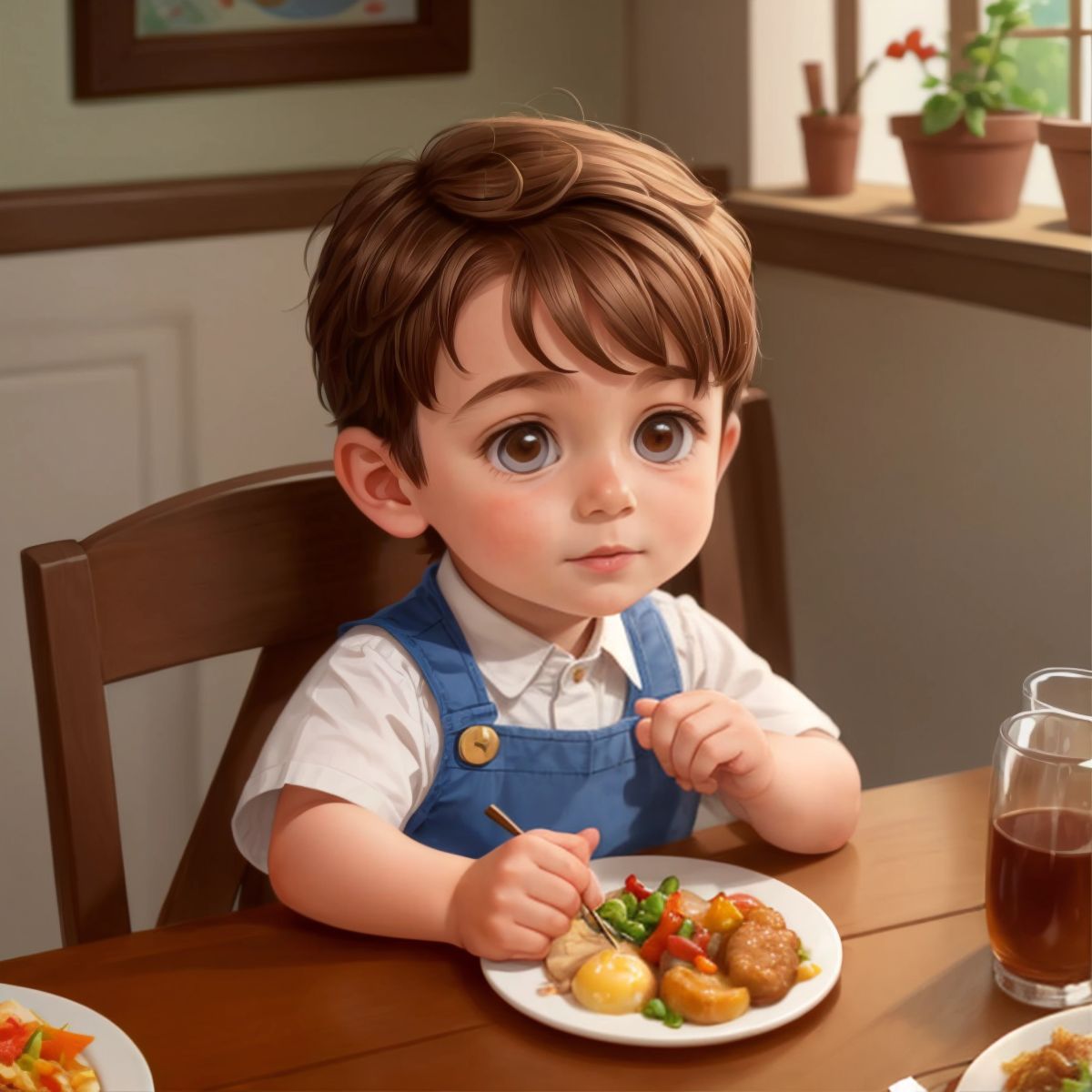 Aksel sitting at a table with a delicious meal in front of him