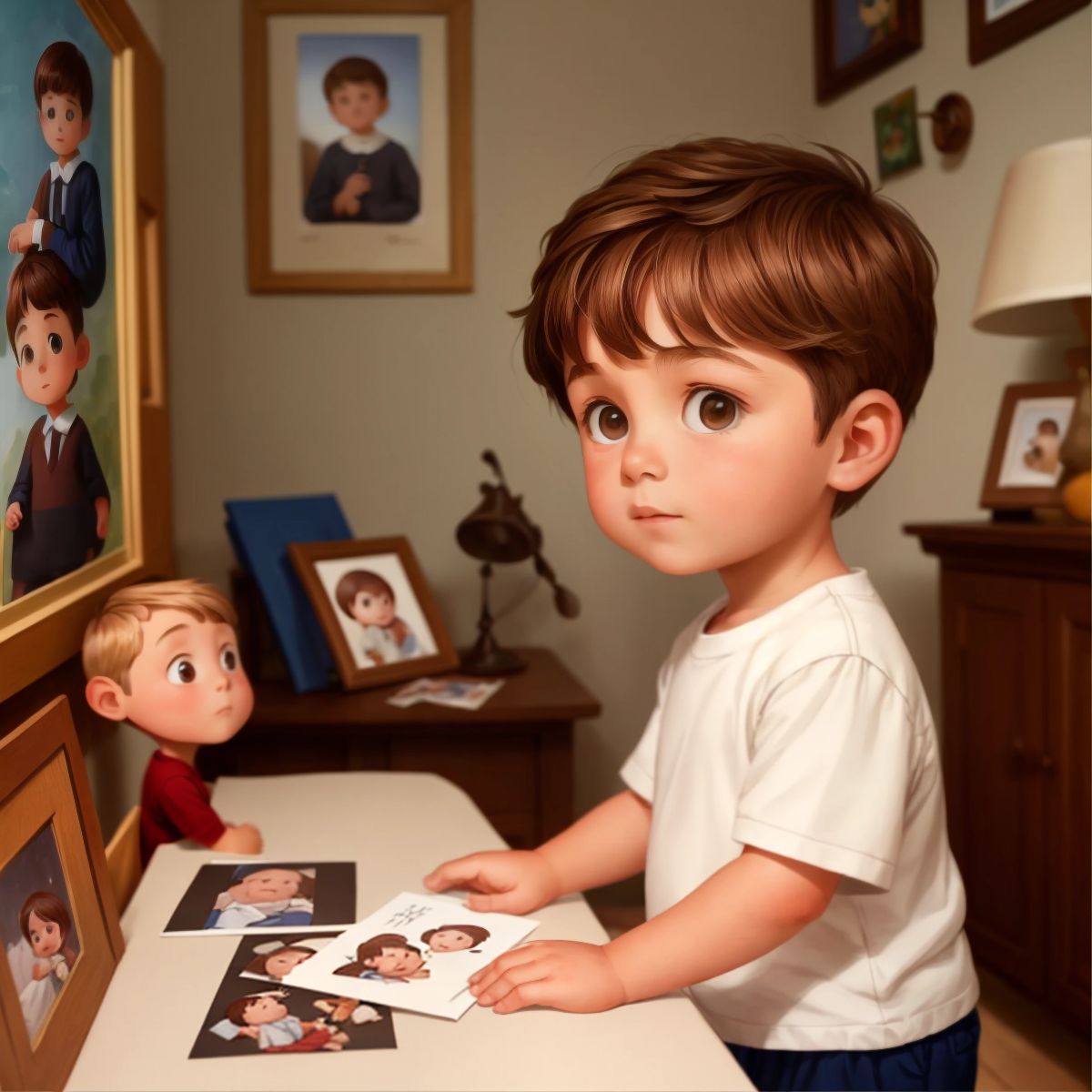 Aksel looking at a family photograph in his room