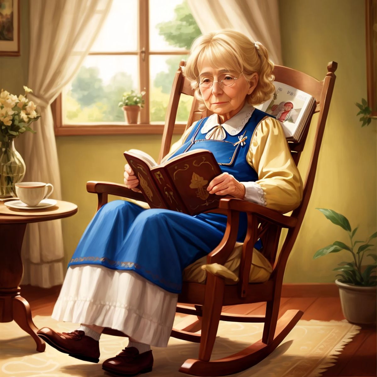 Jennifer sitting in a rocking chair, holding a photo album