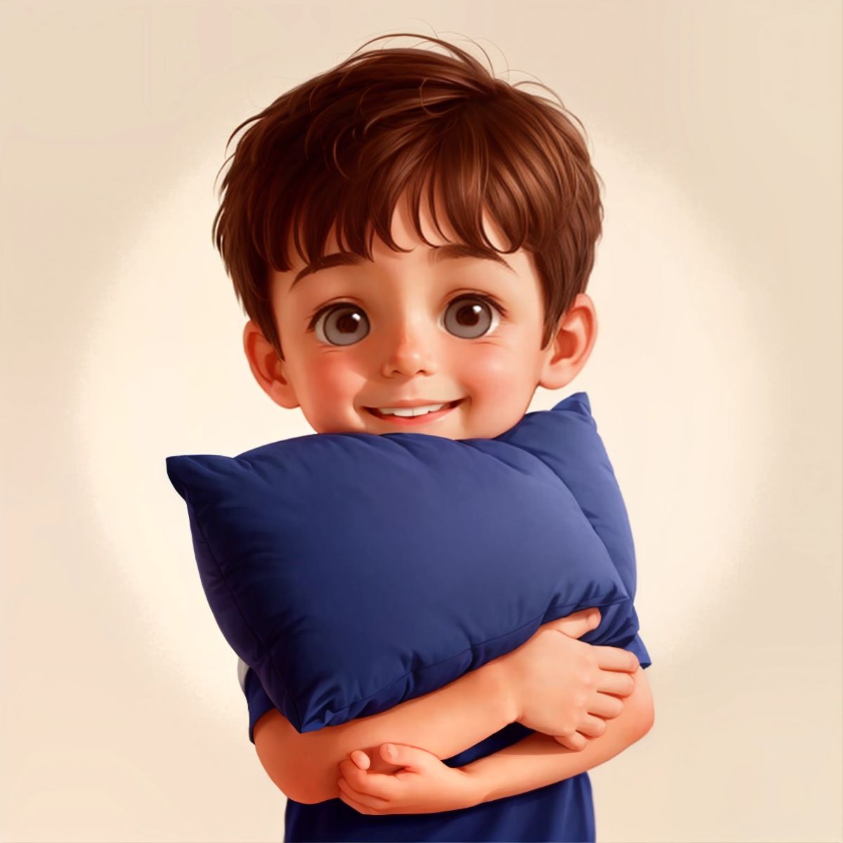 Axel hugging a pillow, with a happy expression on his face