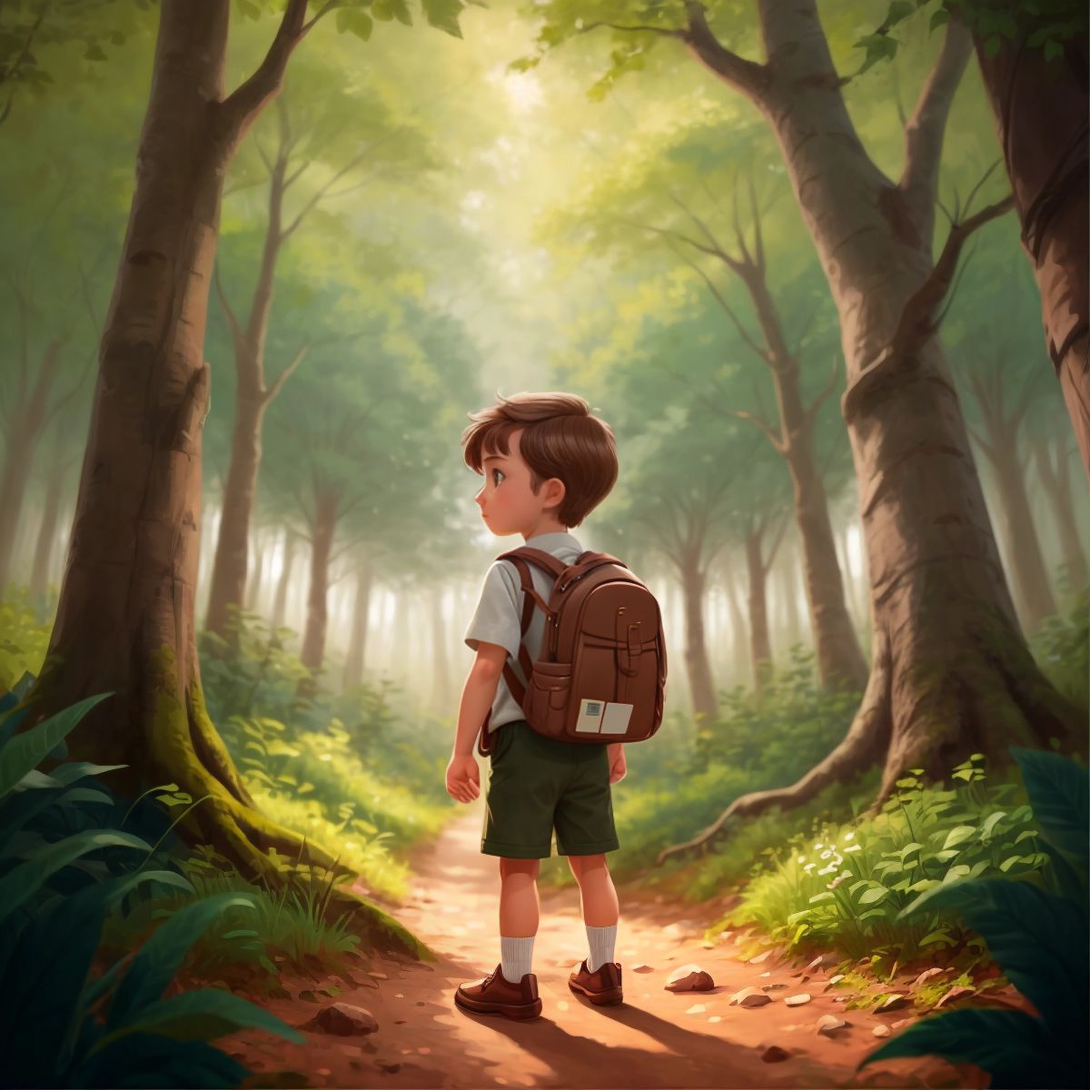 Axel wearing a backpack, standing in front of a forest