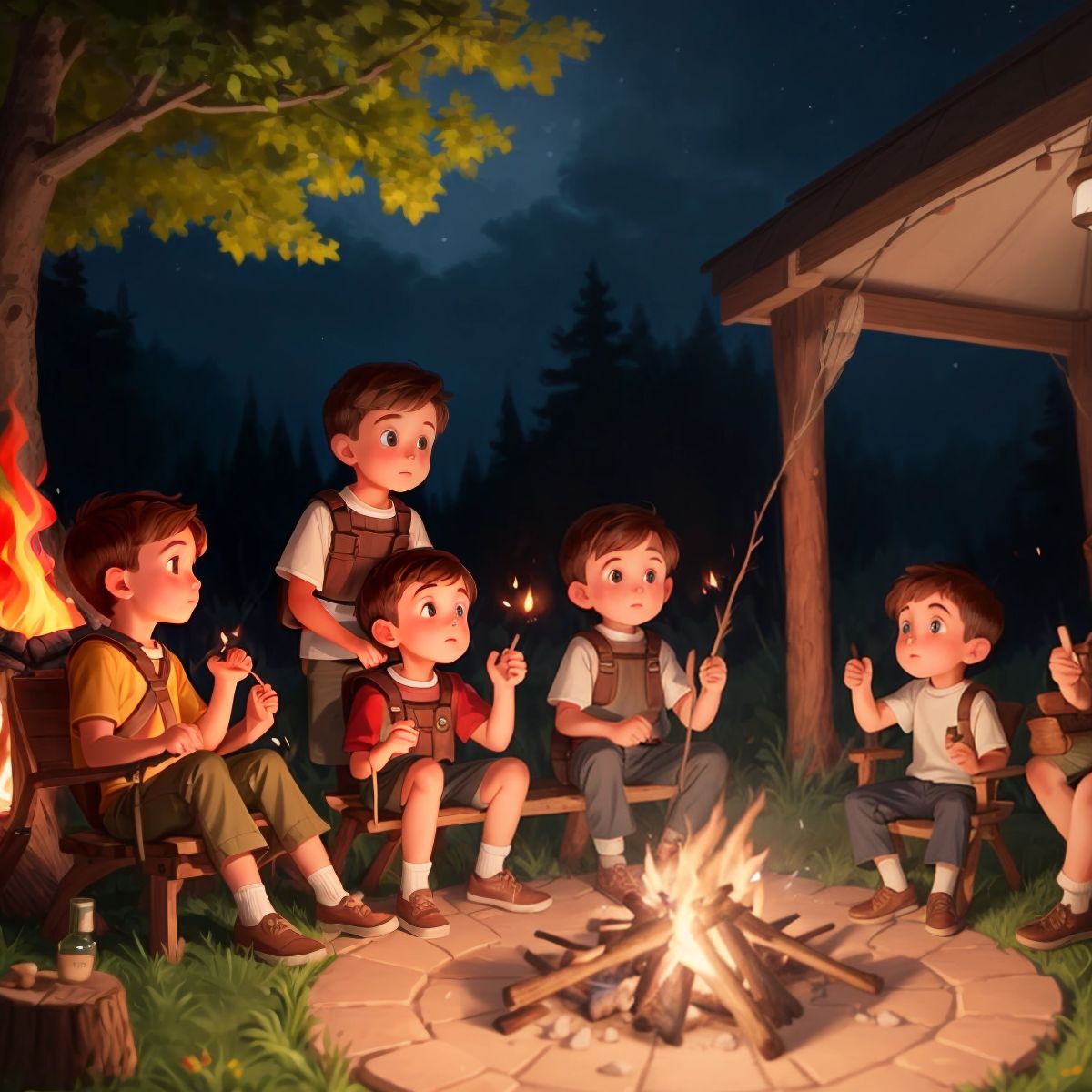 A group of people sitting around a campfire, with Axel leading the group