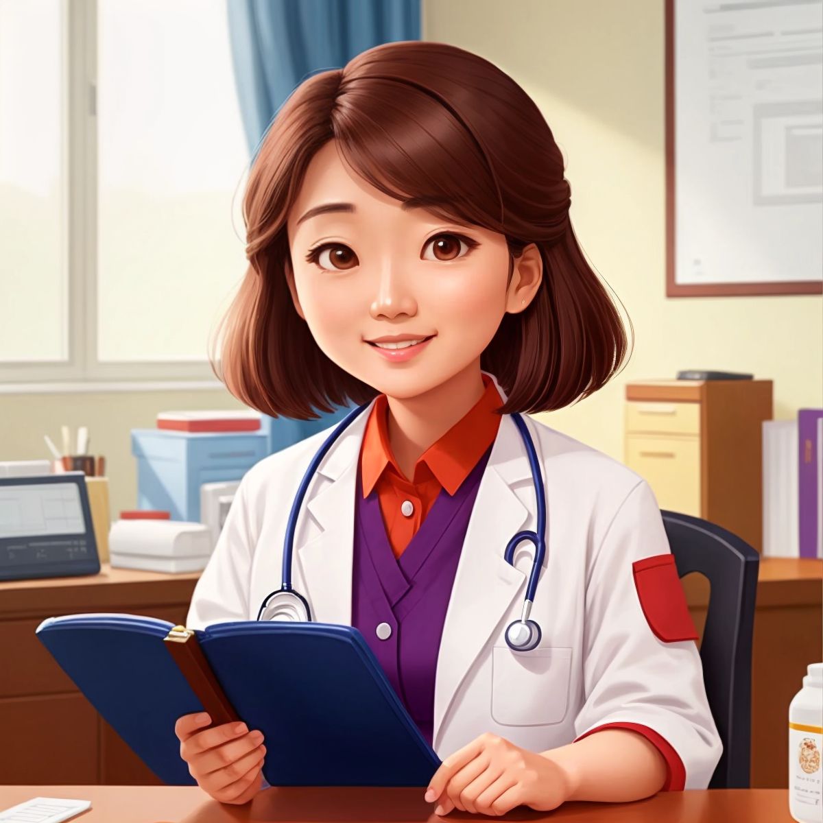 Daphne as a successful doctor, helping her patients with a smile.