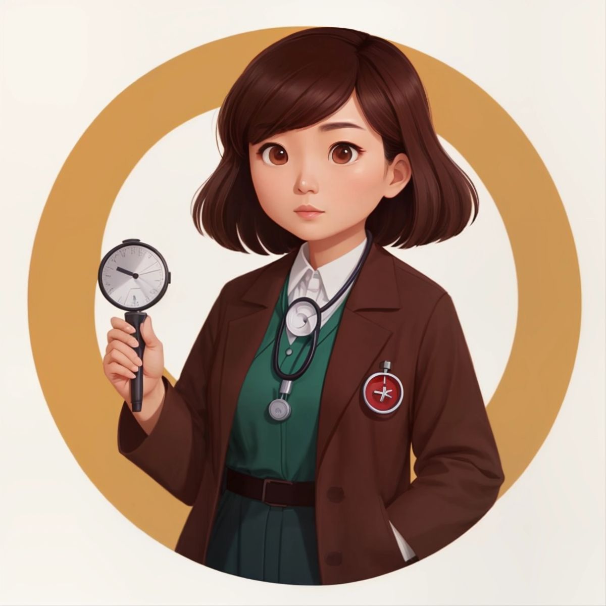 A grown-up Daphne in a doctor's coat, with a stethoscope around her neck.