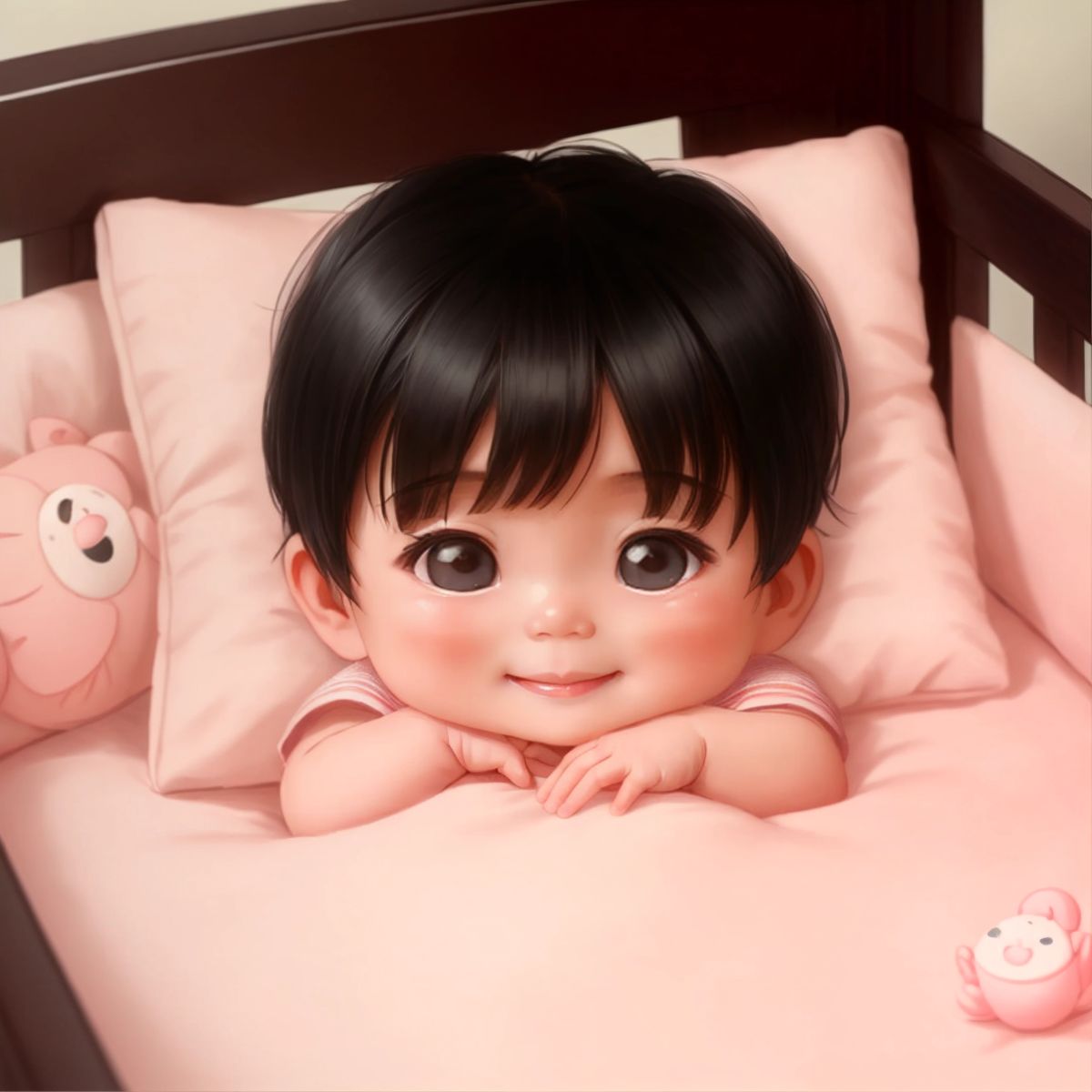 A newborn baby girl with short black hair and a sweet smile.