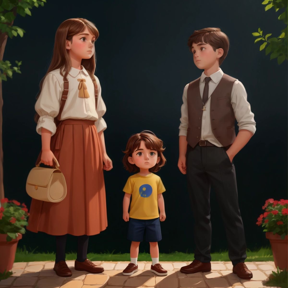 Max and Mia standing tall, facing Uncle Victor