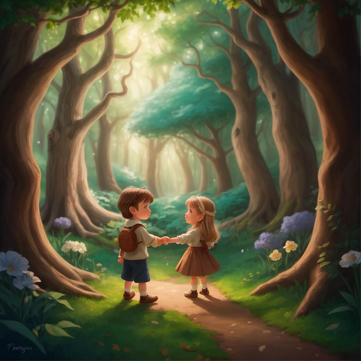 Max and Mia in an enchanted forest with magical creatures