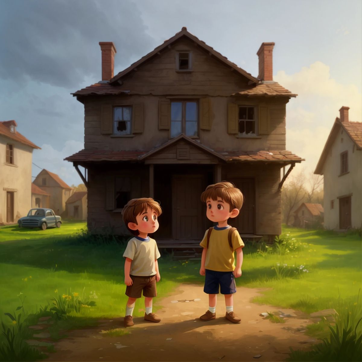 Max and Mia standing in front of an old, abandoned house