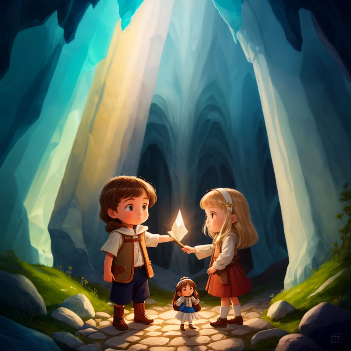 Max and Mia holding an ancient scroll in the Crystal Caves