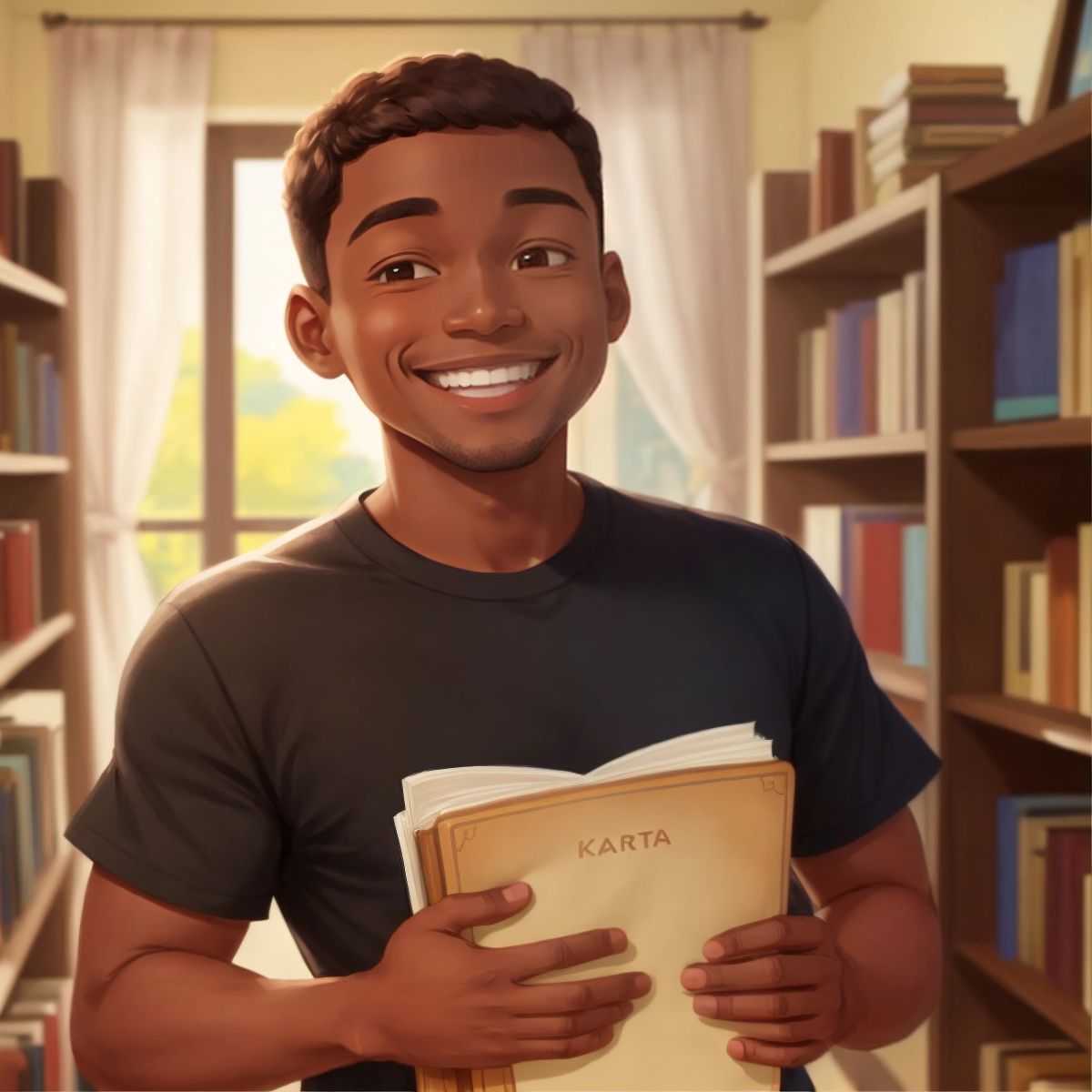 Marcus holding his book, with a big smile on his face