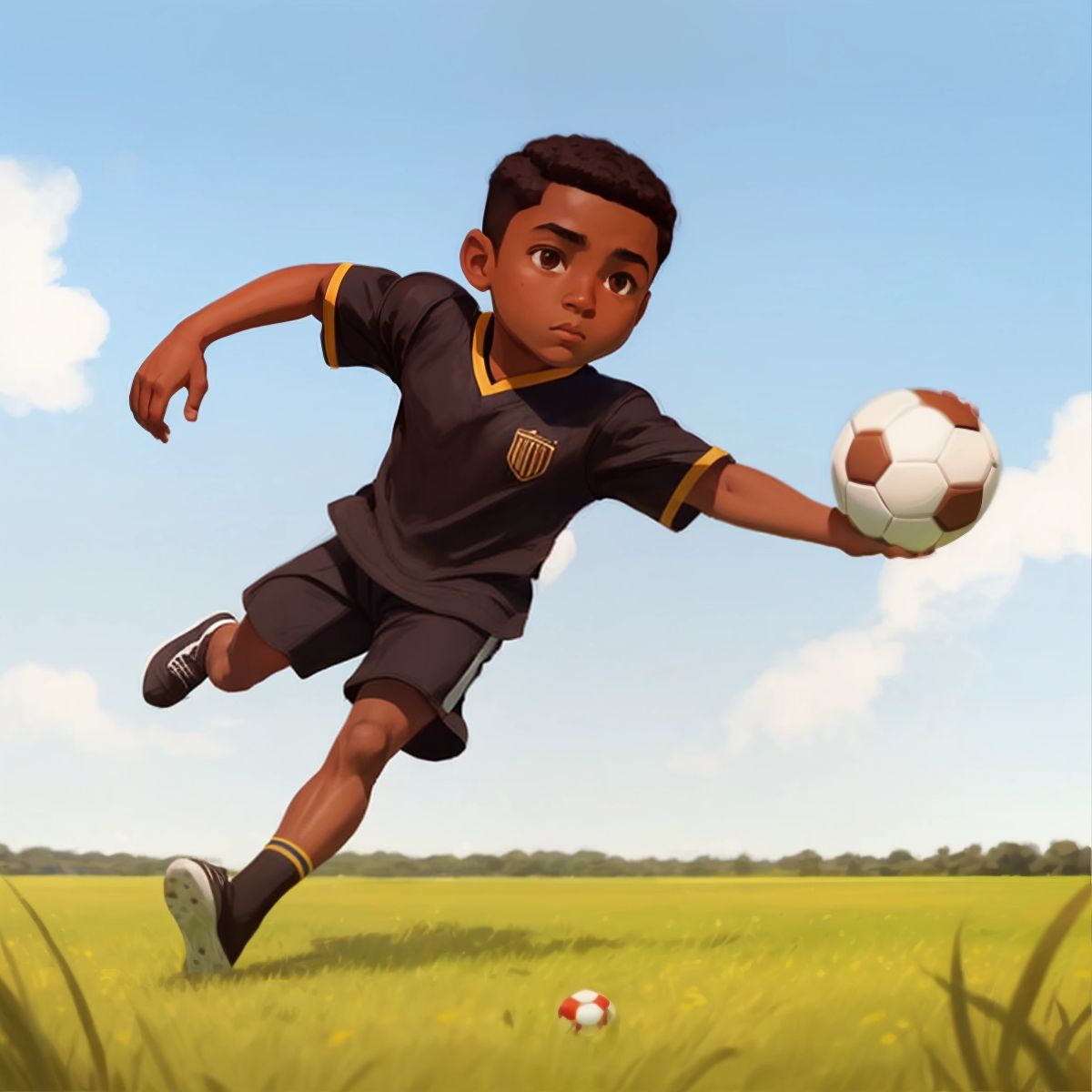 Marcus kicking a football in a field