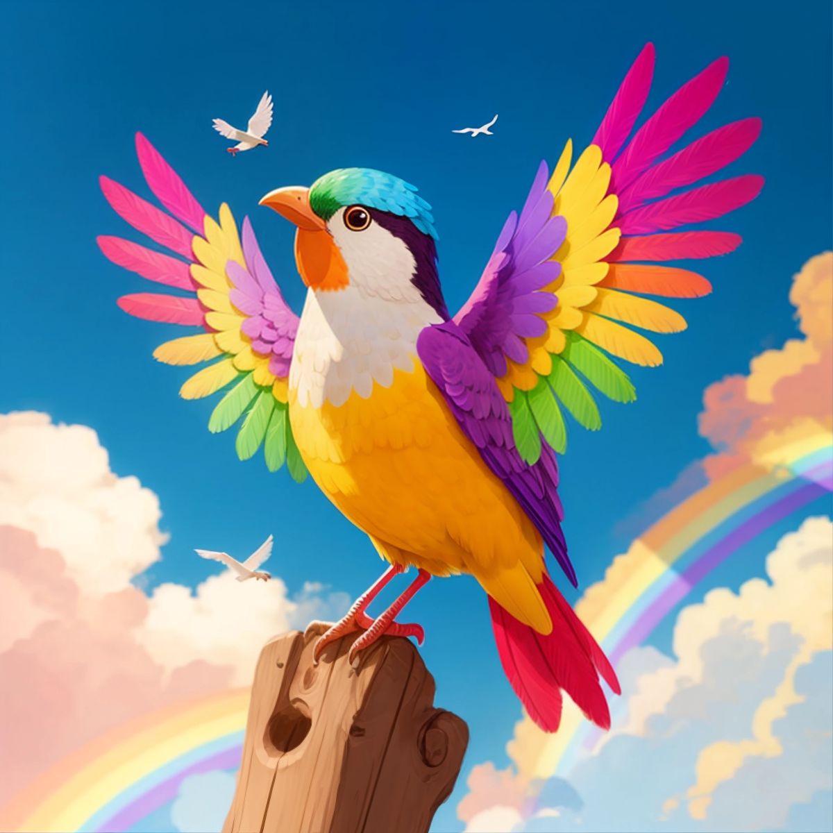 A singing bird with rainbow-colored feathers