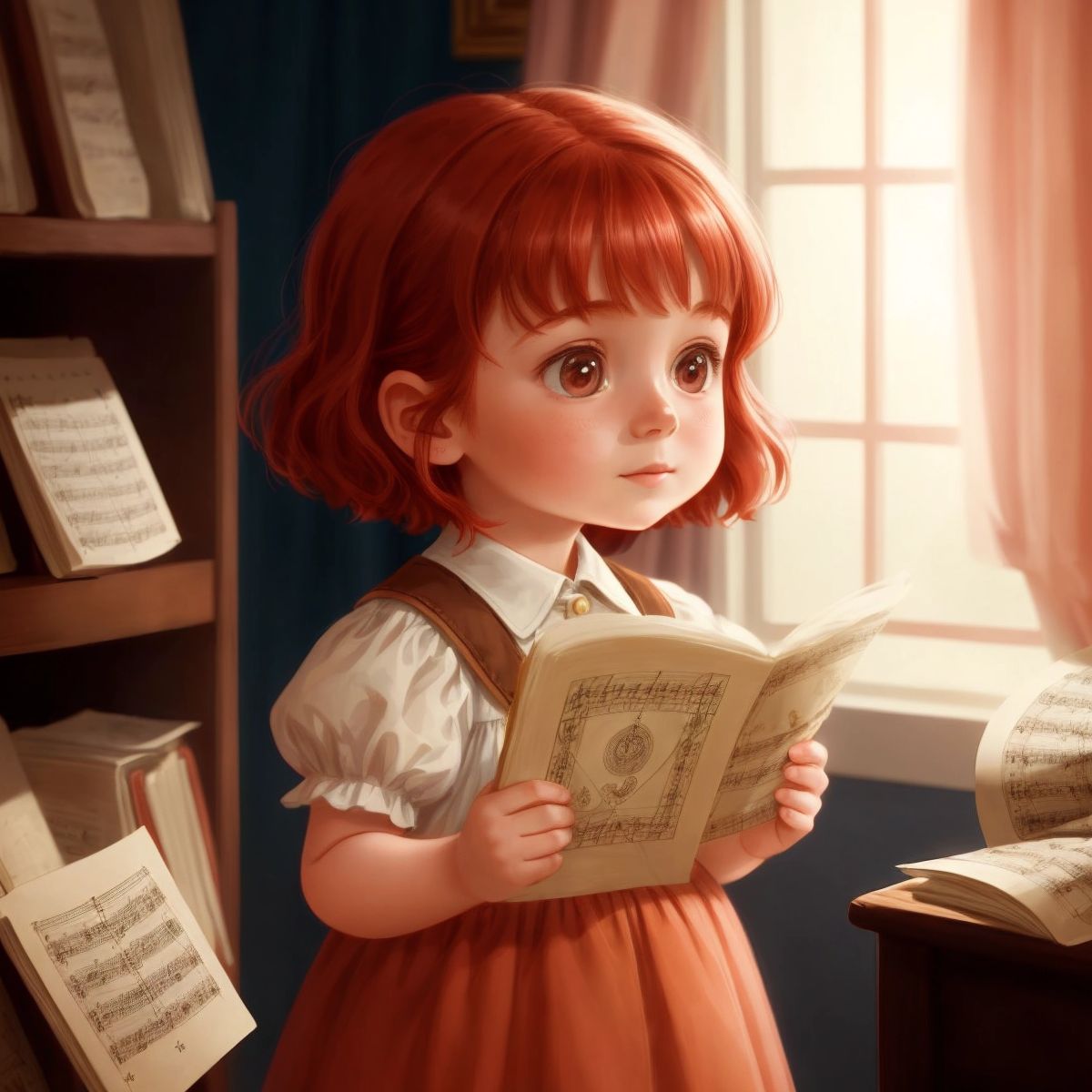 Lucy holding a faded sheet of music with a magical aura