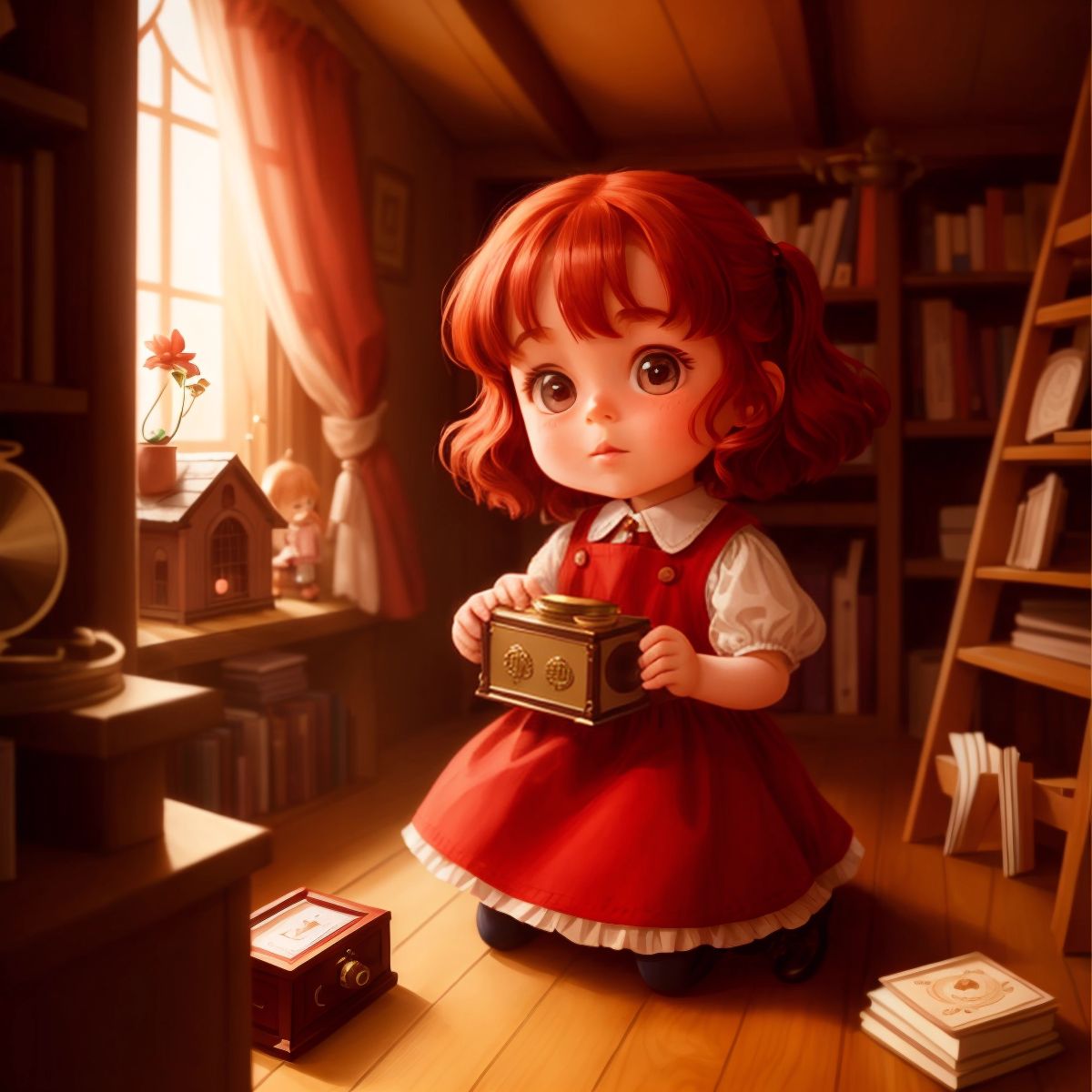 Lucy placing the music box on a shelf in the attic