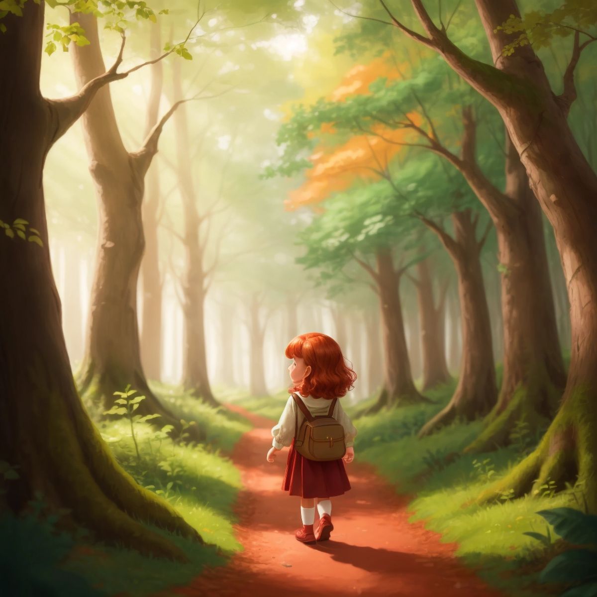 Lucy walking through a forest filled with whispering trees