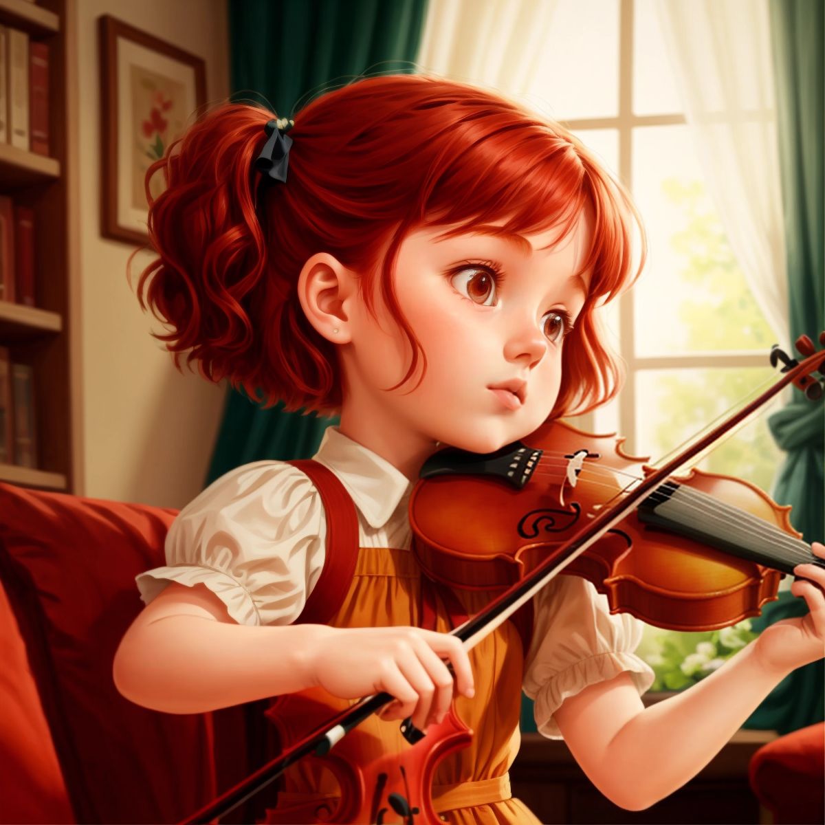 Lucy holding her violin, looking inspired