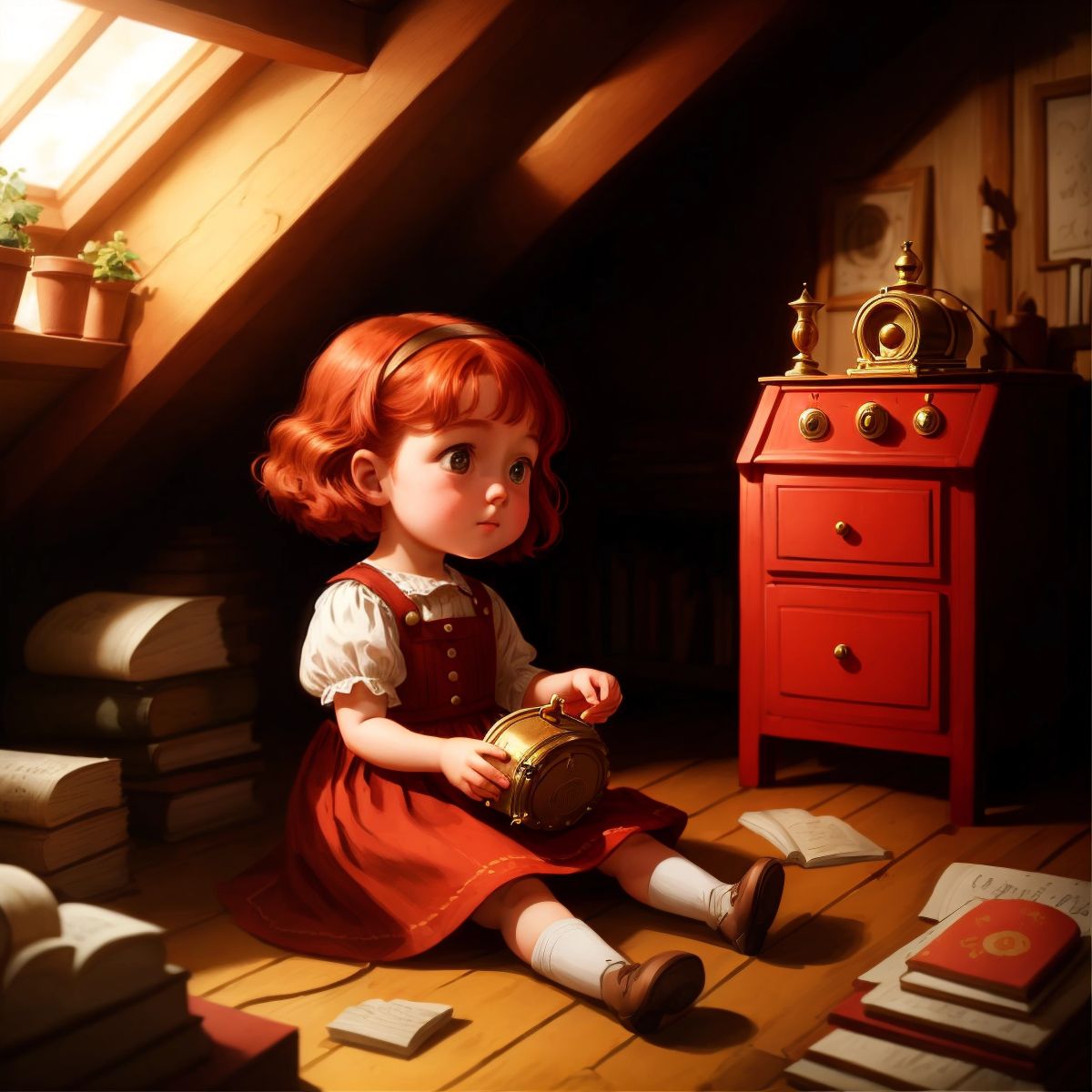 Lucy in an attic, holding a dusty old music box