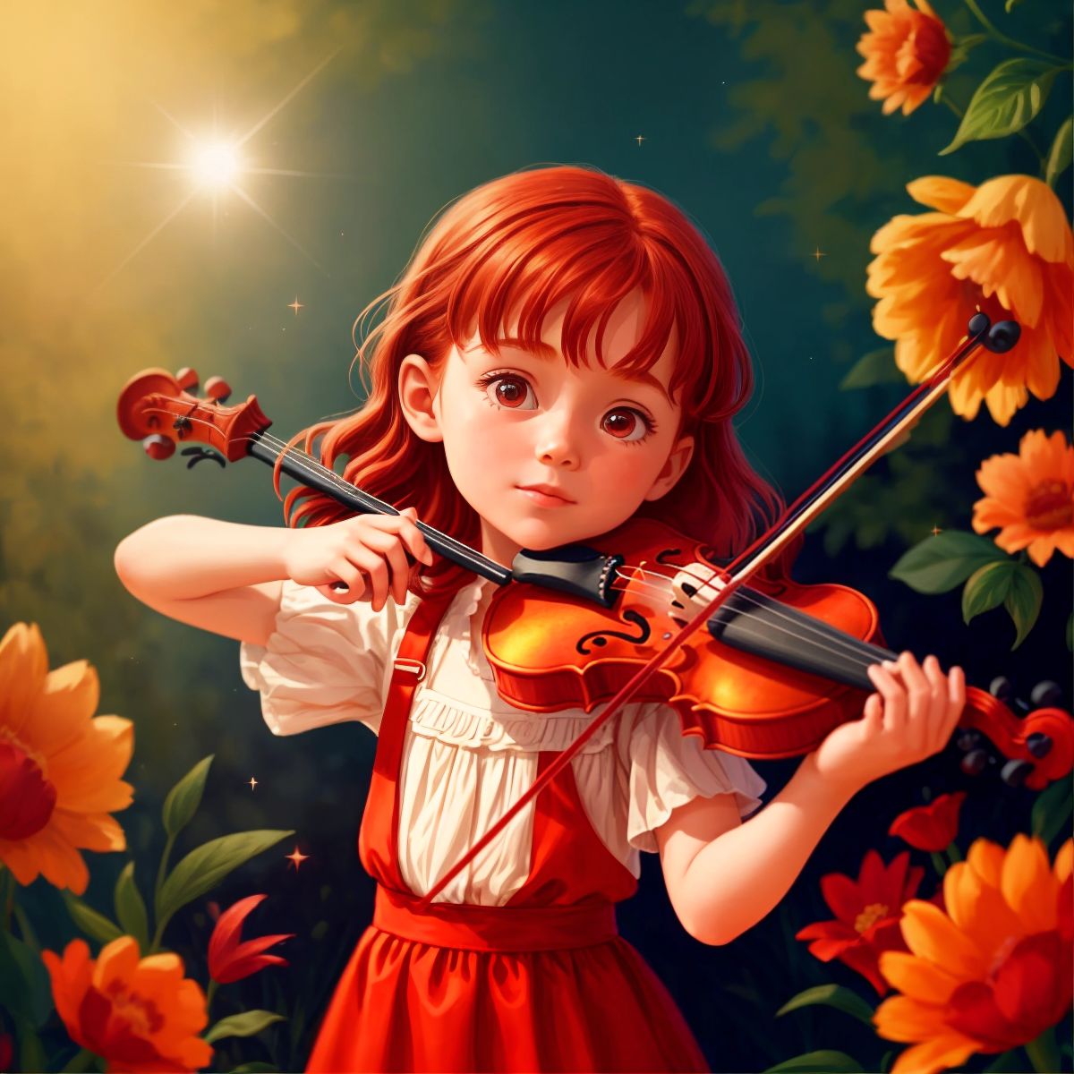 Lucy playing violin surrounded by a magical shimmer