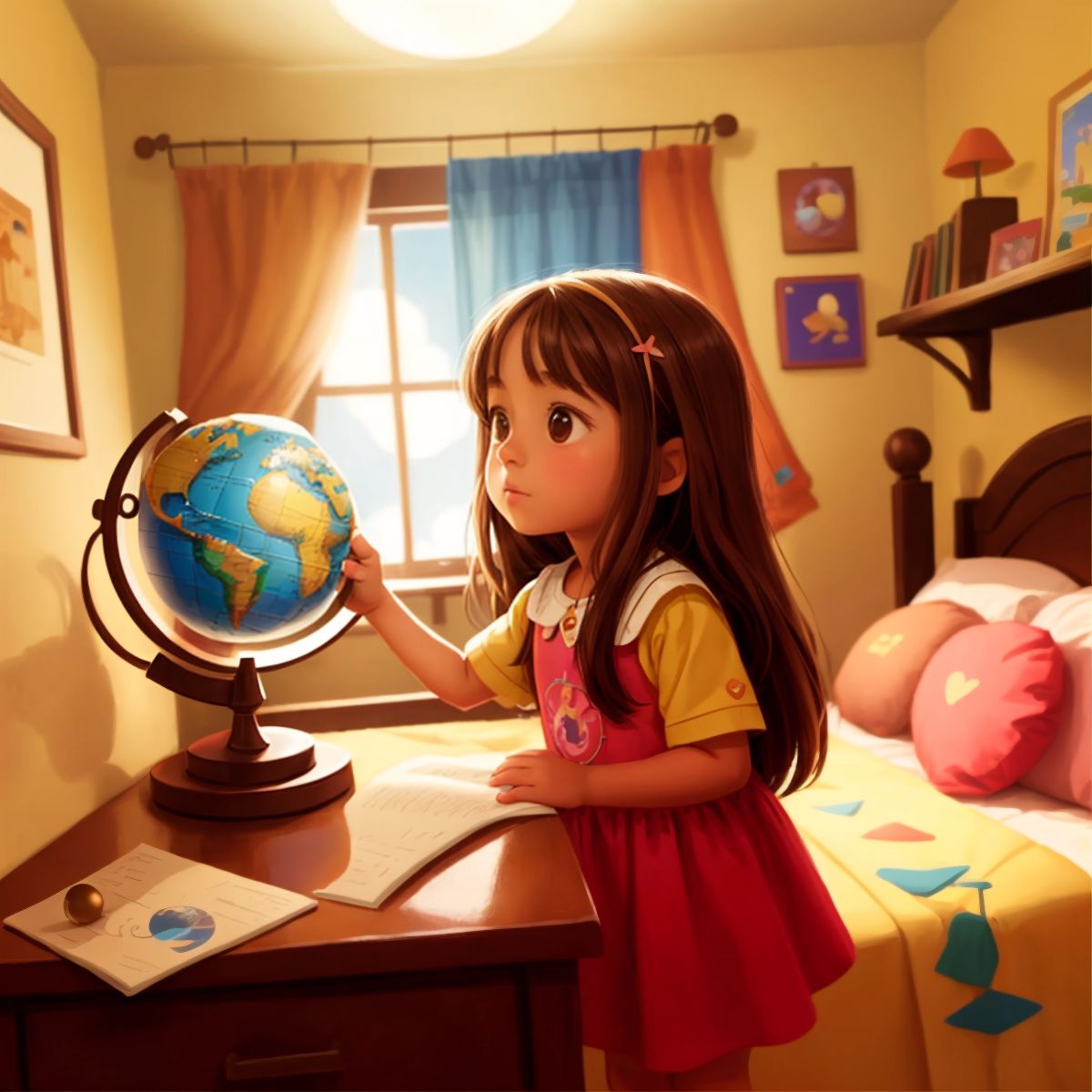 Jade in her room, looking at a globe and dreaming about her next adventure