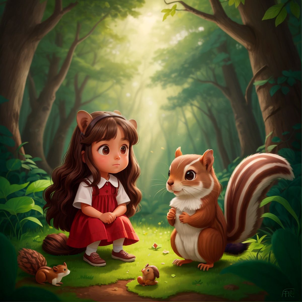 Jade and a squirrel looking at a riddle