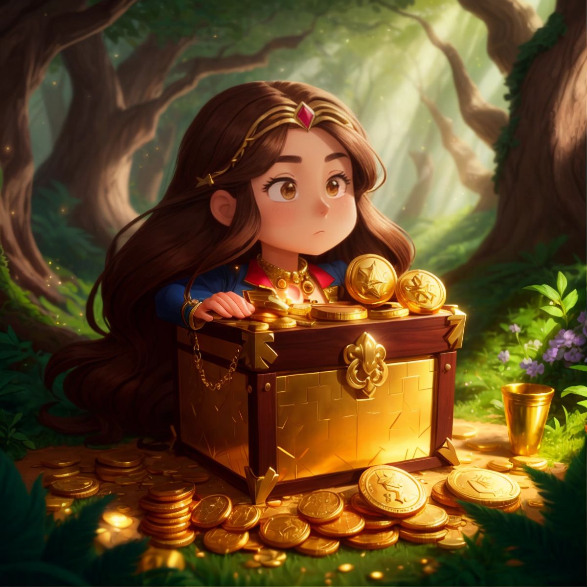 A chest filled with sparkling jewels, golden coins, and precious artifacts