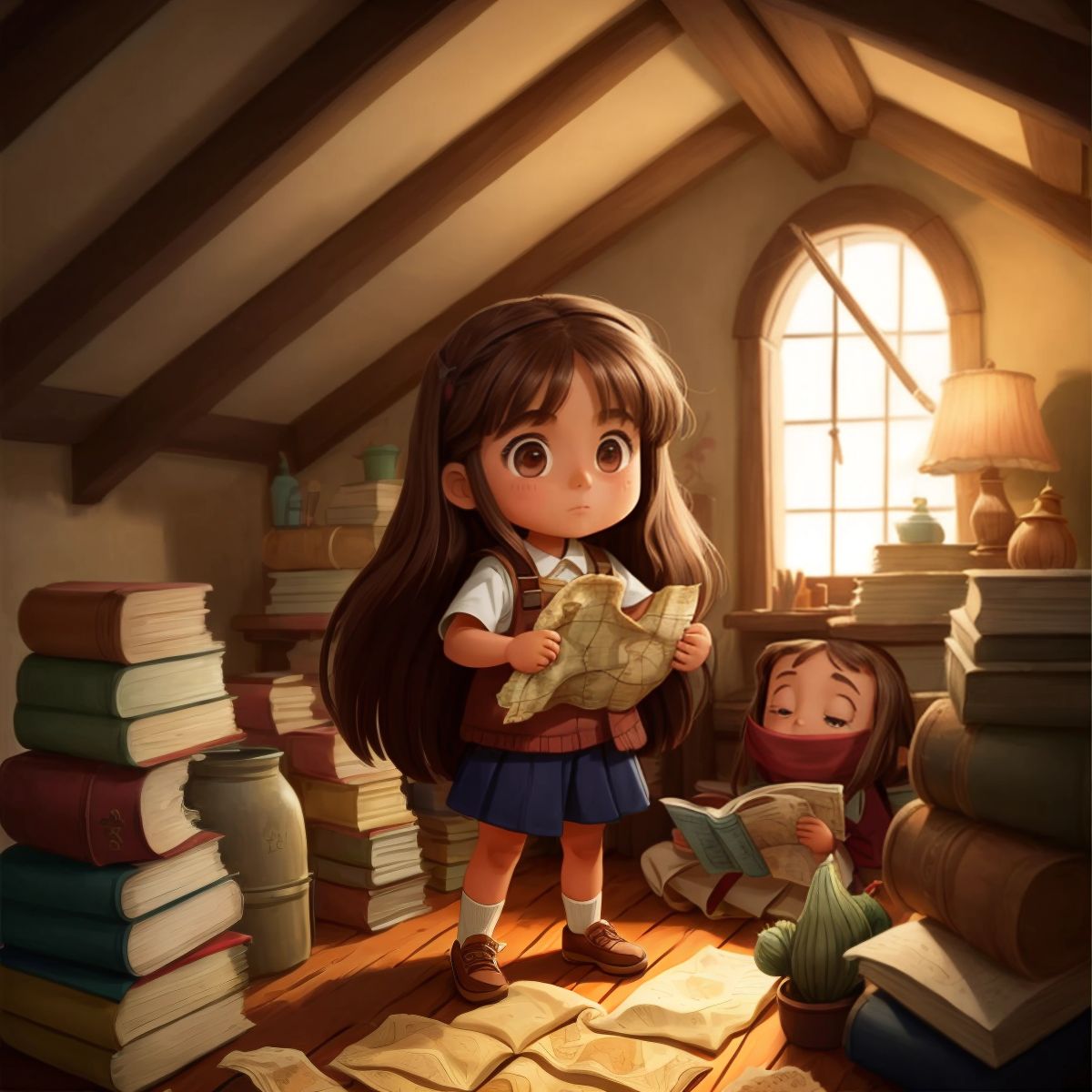 Jade holding a dusty old map, with an attic background