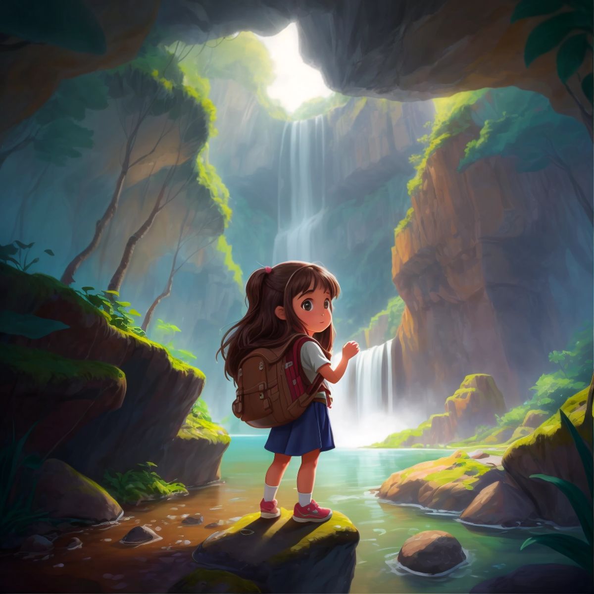 Jade with a backpack, standing in front of a waterfall and a hidden cave