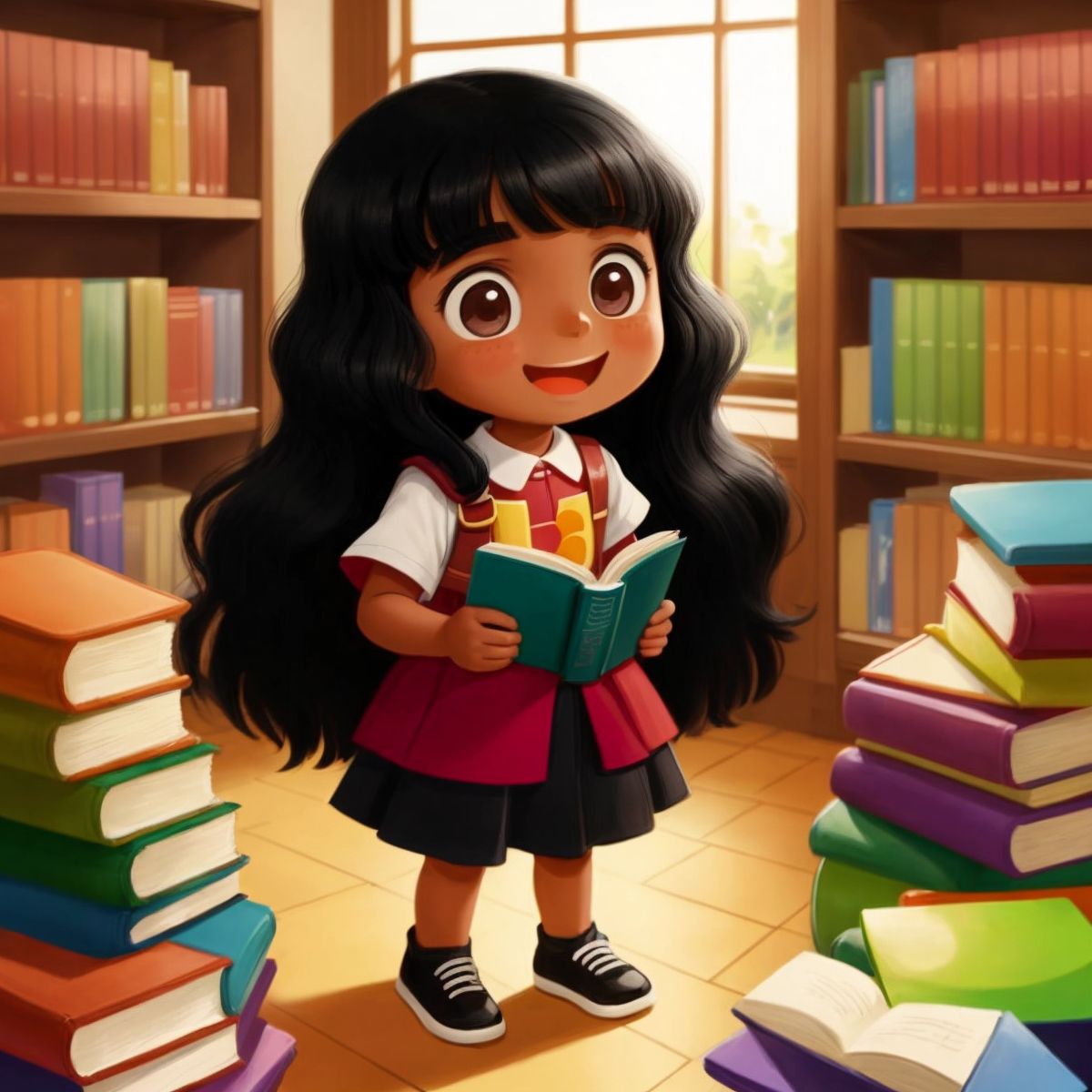 لينا standing in a library full of colorful books, looking excited