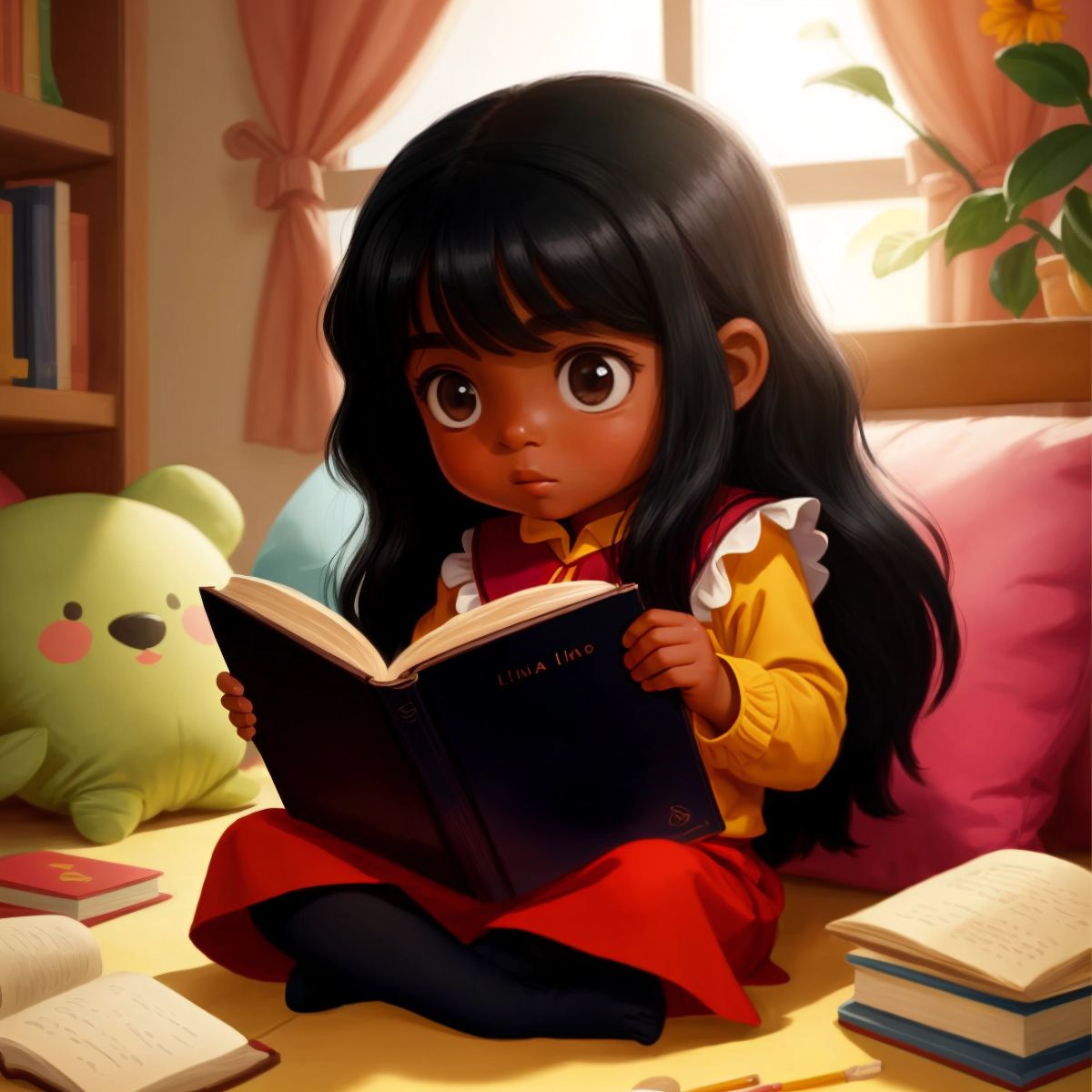 لينا sitting and reading a book with a look of wonder on her face