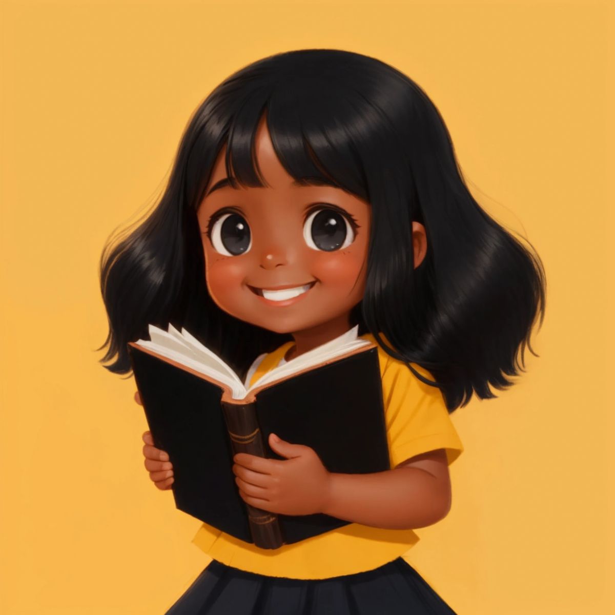 لينا, a young girl with long black hair, holding a book and smiling