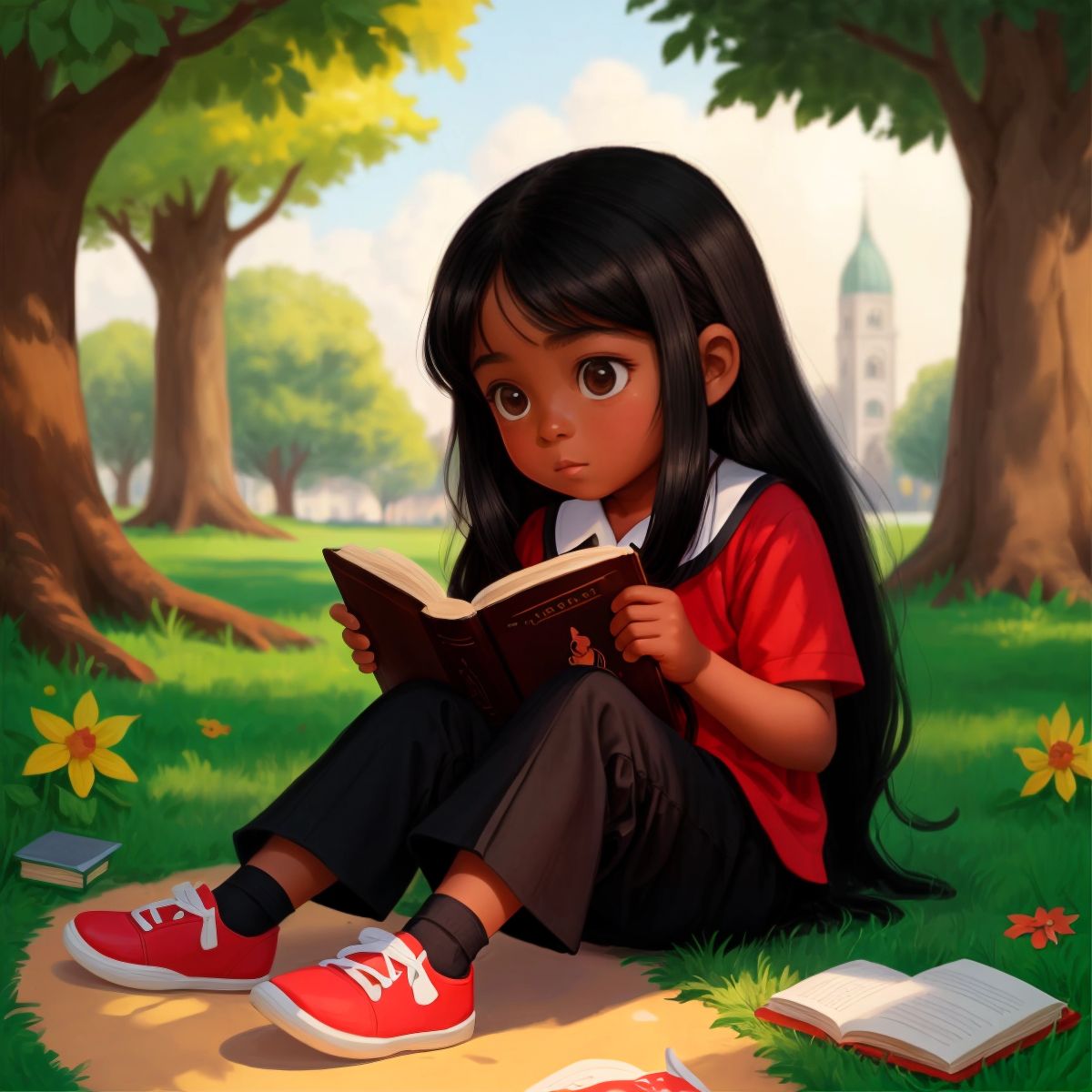 لينا sitting in a park, reading a book