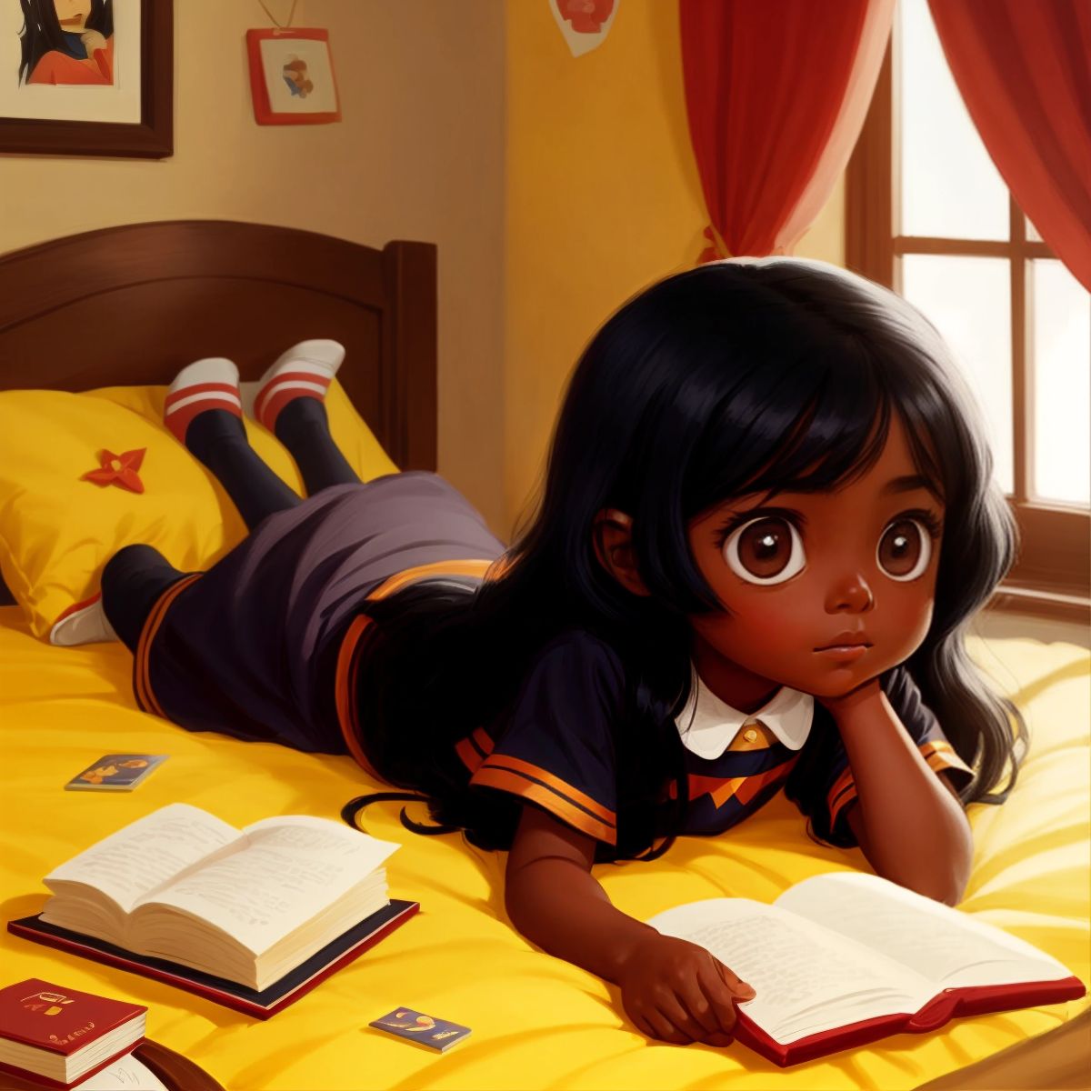 لينا lying on her bed, reading a book, with a dreamy expression on her face