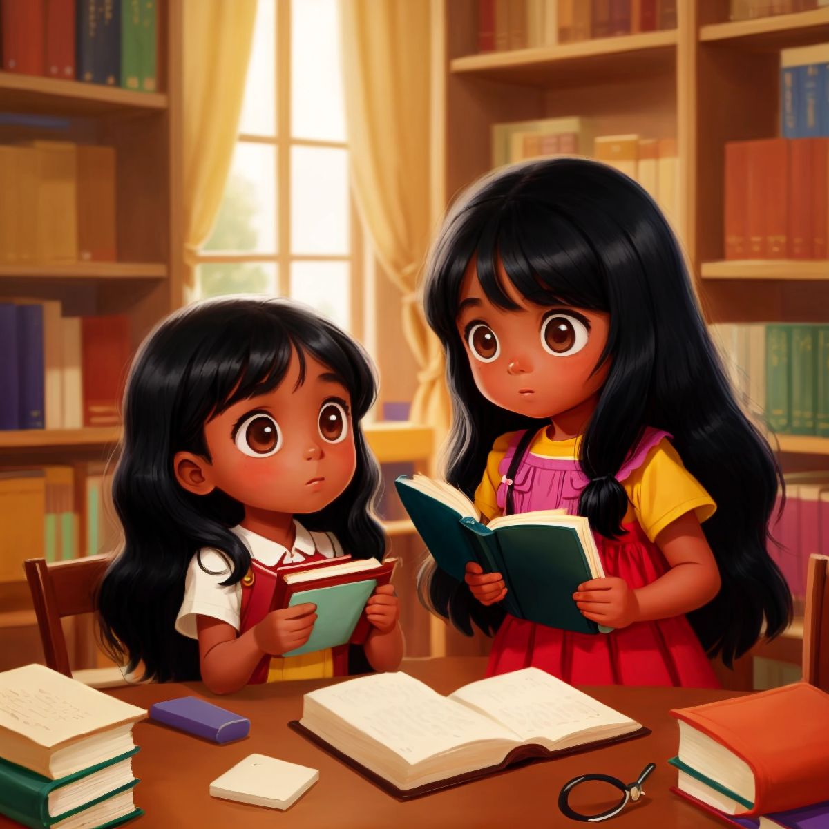 لينا handing a book to a friend in a library